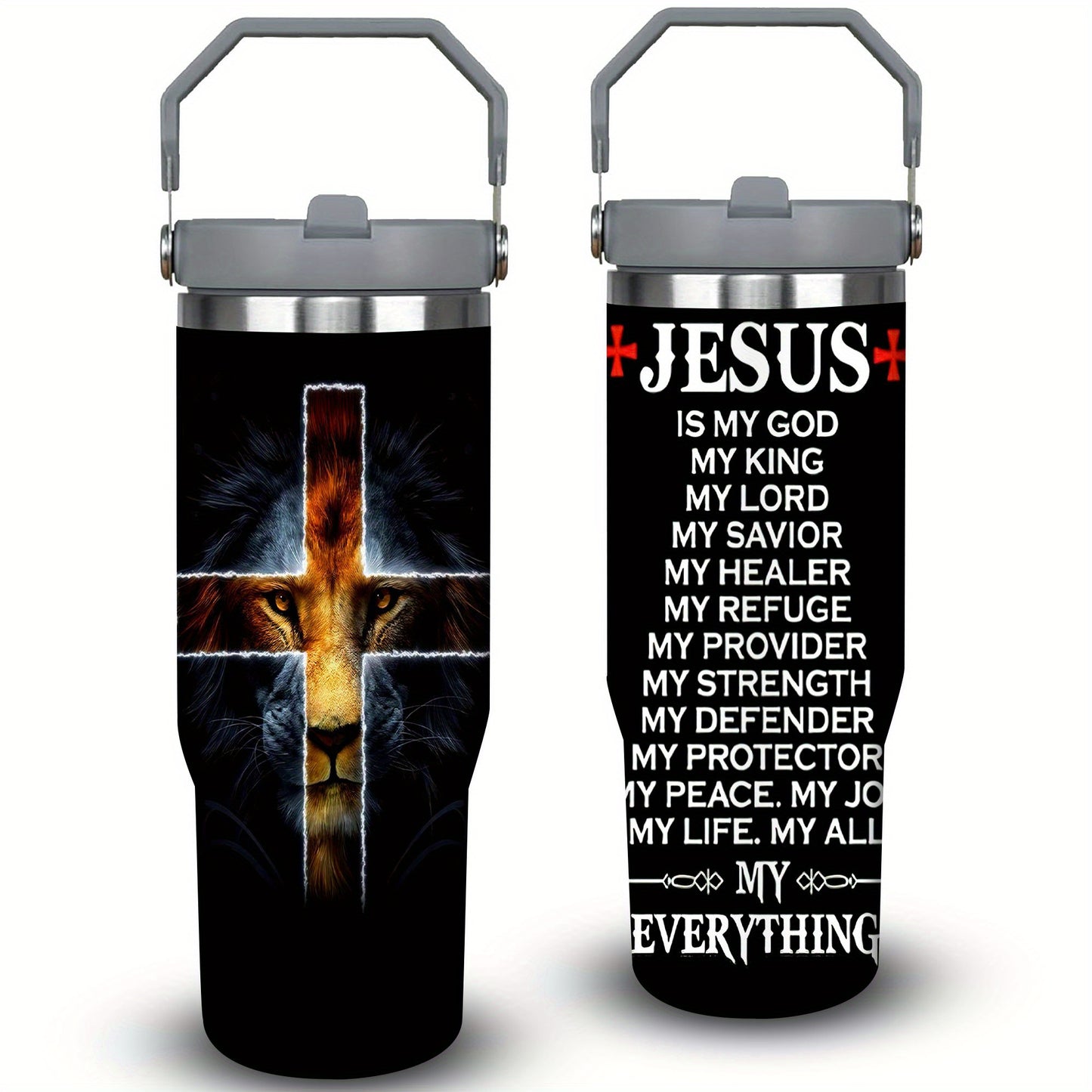 30oz Jesus Lion Cross Tumbler, Insulated Travel Mug with Spill-Proof Lid