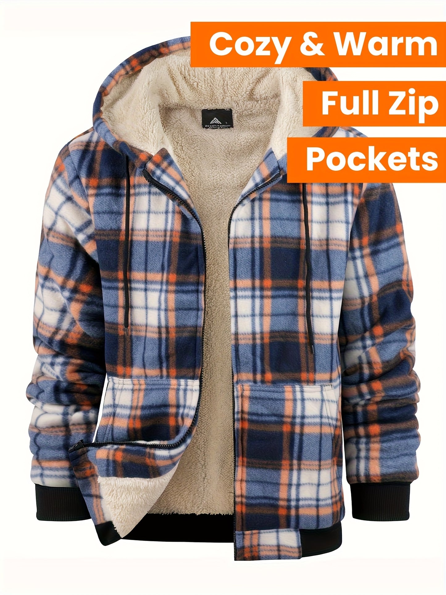 Divine Power Mens Plaid Fleece Hooded Jacket With Zipper