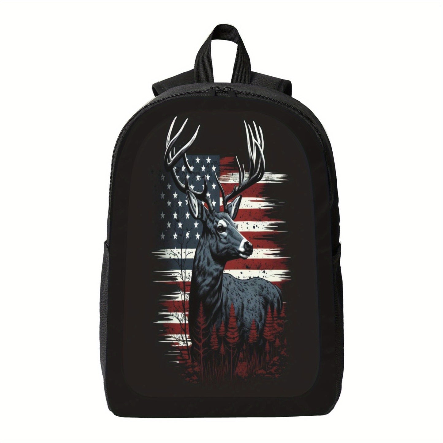 Stylish Black Backpack with Patriotic Deer Design