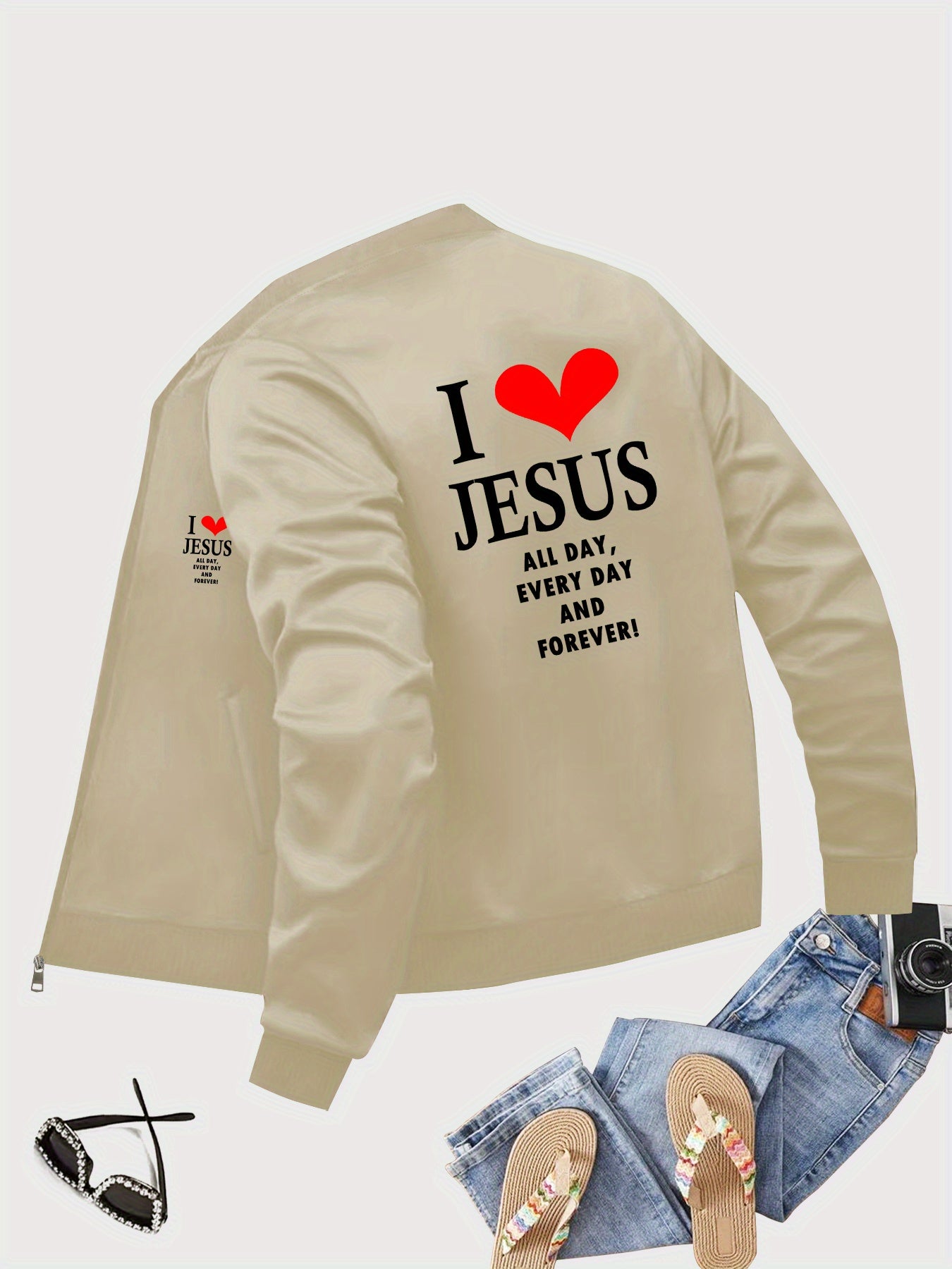 Love Heart Print Bomber Jacket Geometric Pattern Pockets