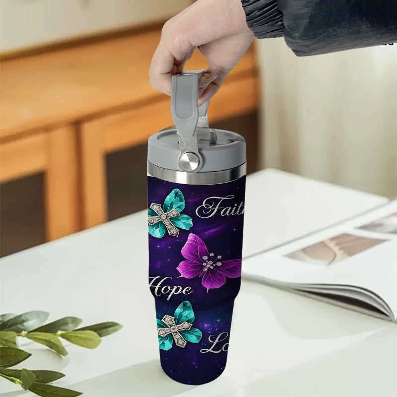 30oz Stainless Steel Tumbler with Straw & Handle, Purple Glitter, I Peter 1:3