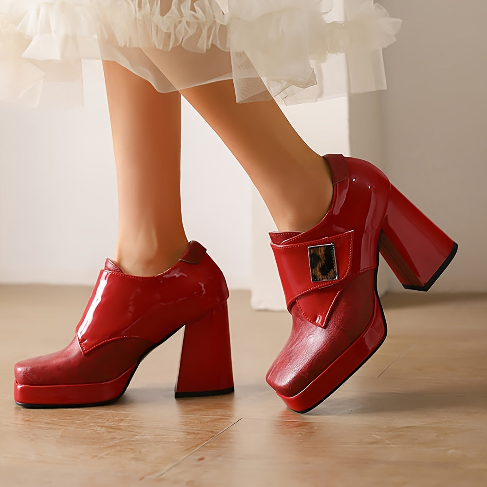 Women's Red PU Cover Mary Jane Dress Pumps High Heel Block Heel