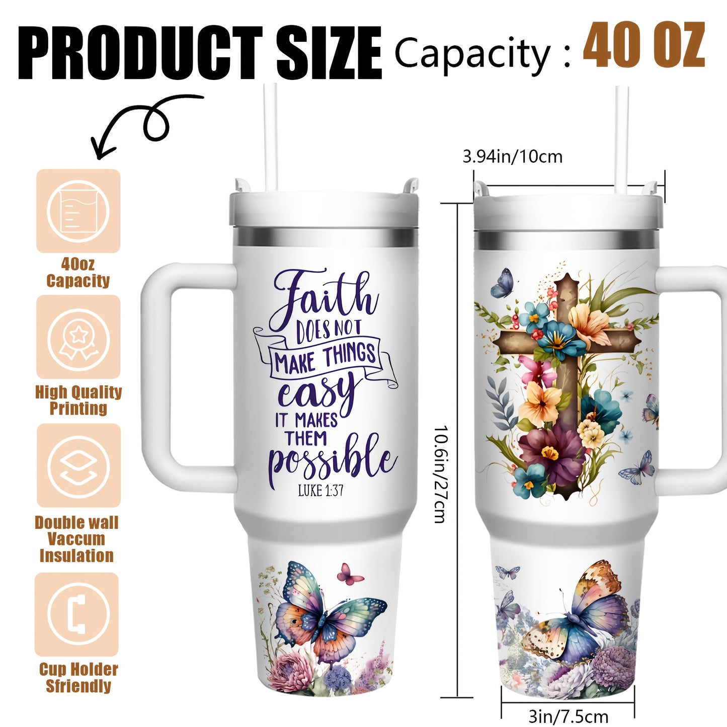 40oz Stainless Steel Insulated Coffee Cup with Lid & Straw - "Faith Doesn't Make Things Easy..."