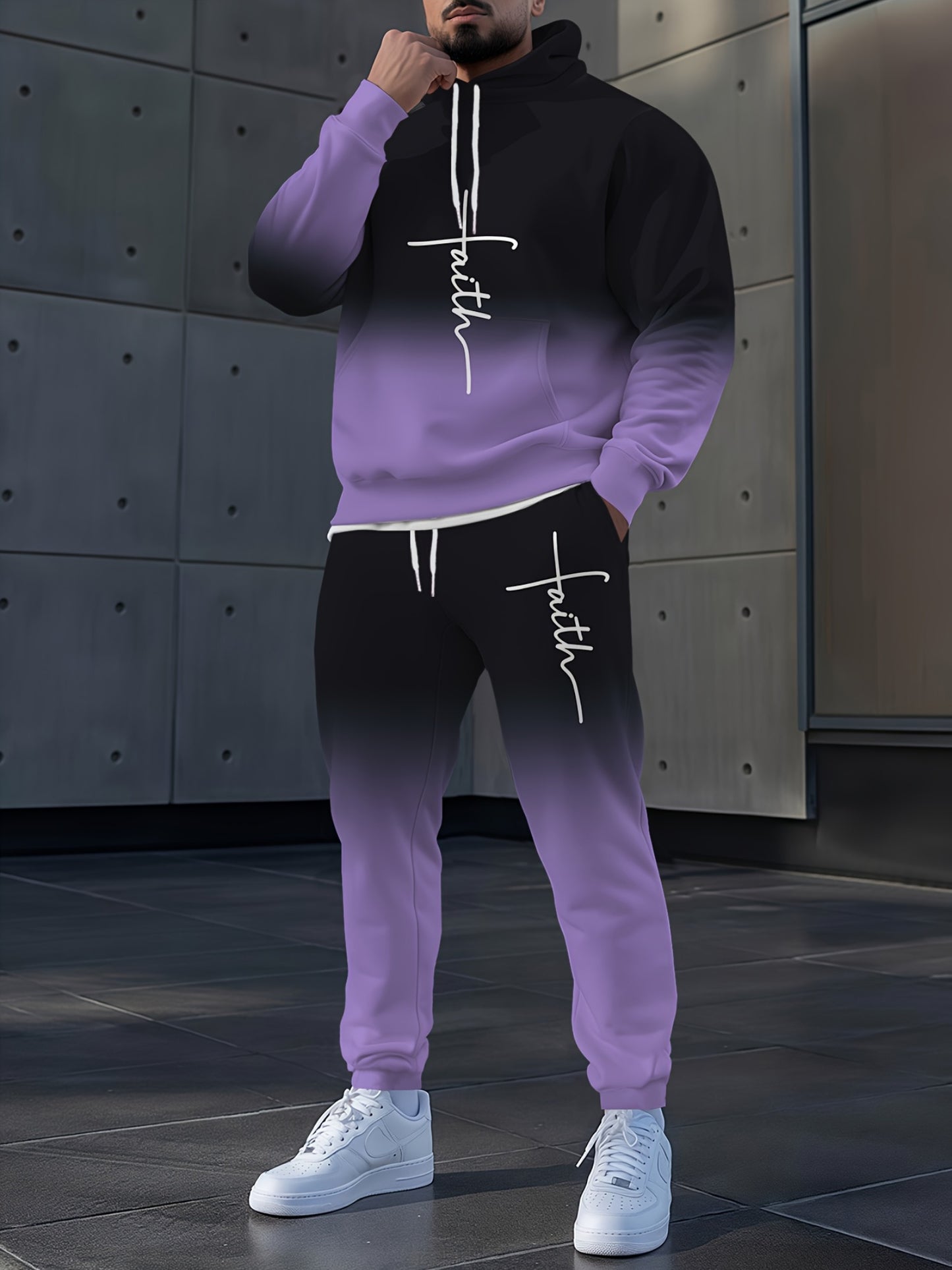 Gray Gradient Full-Body Print Hoodie & Sweatpants Set - Casual Long Sleeve Pullover