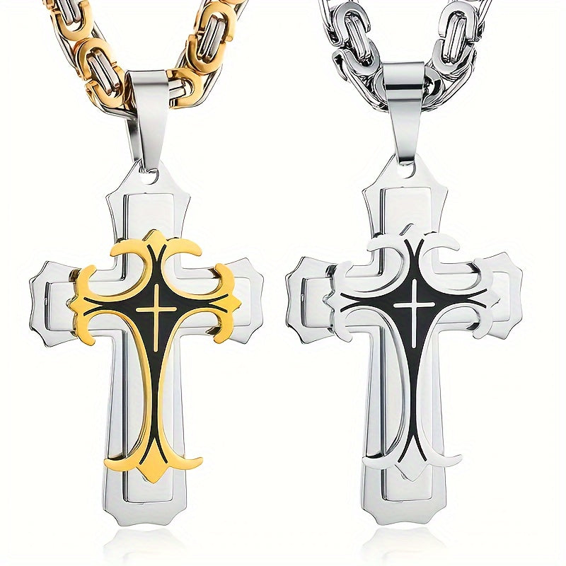 Men's Retro Cross Pendant Necklace and Simple Bracelet Set