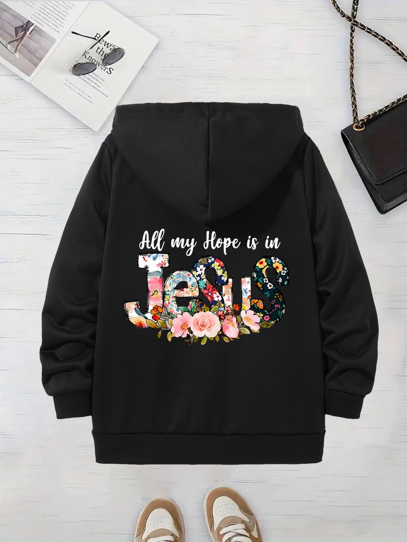 Long Sleeve Hooded Zip Up Sweatshirt With Jesus Print
