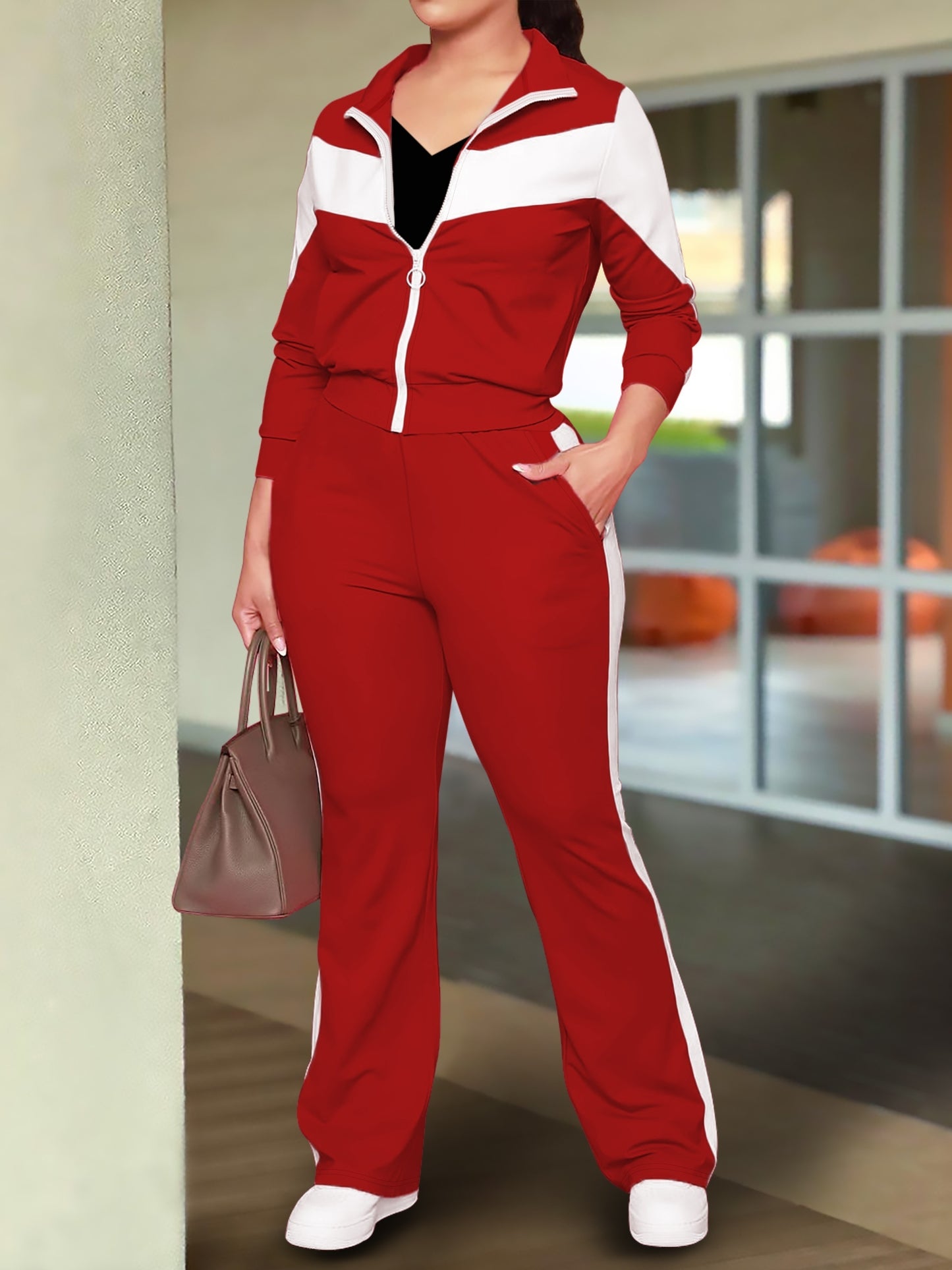 Women Fashion Sports Zip Up Jacket Casual Pants Set