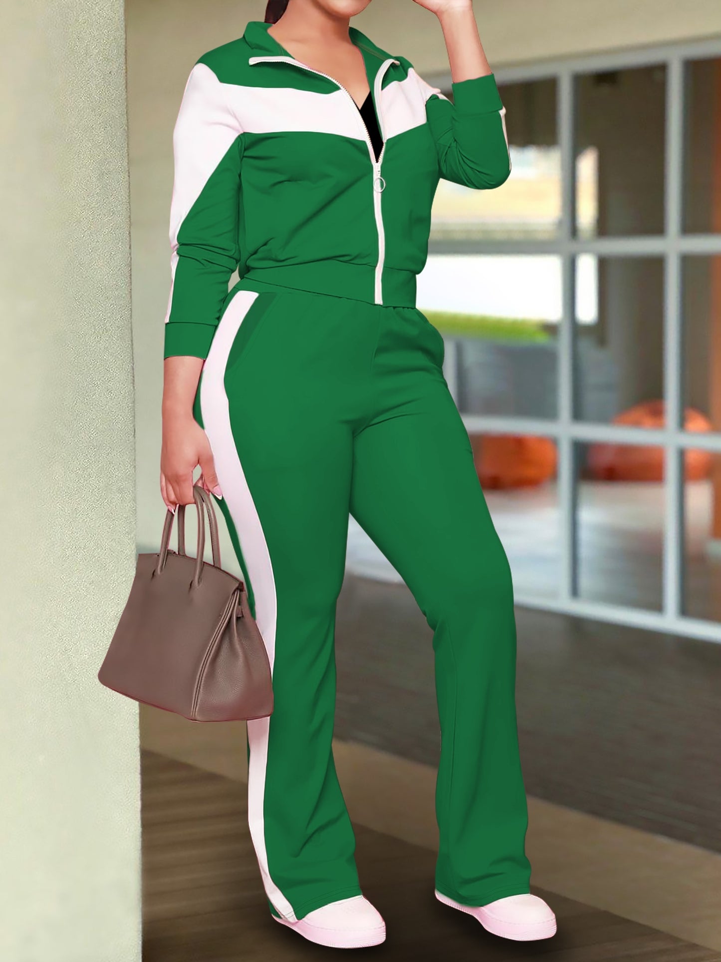 Women Fashion Sports Zip Up Jacket Casual Pants Set
