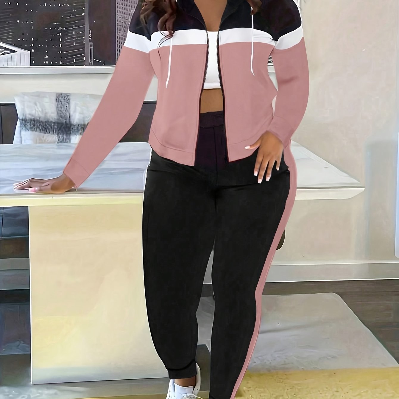 Women's Casual Striped Hooded Jacket And Pants Track Suit