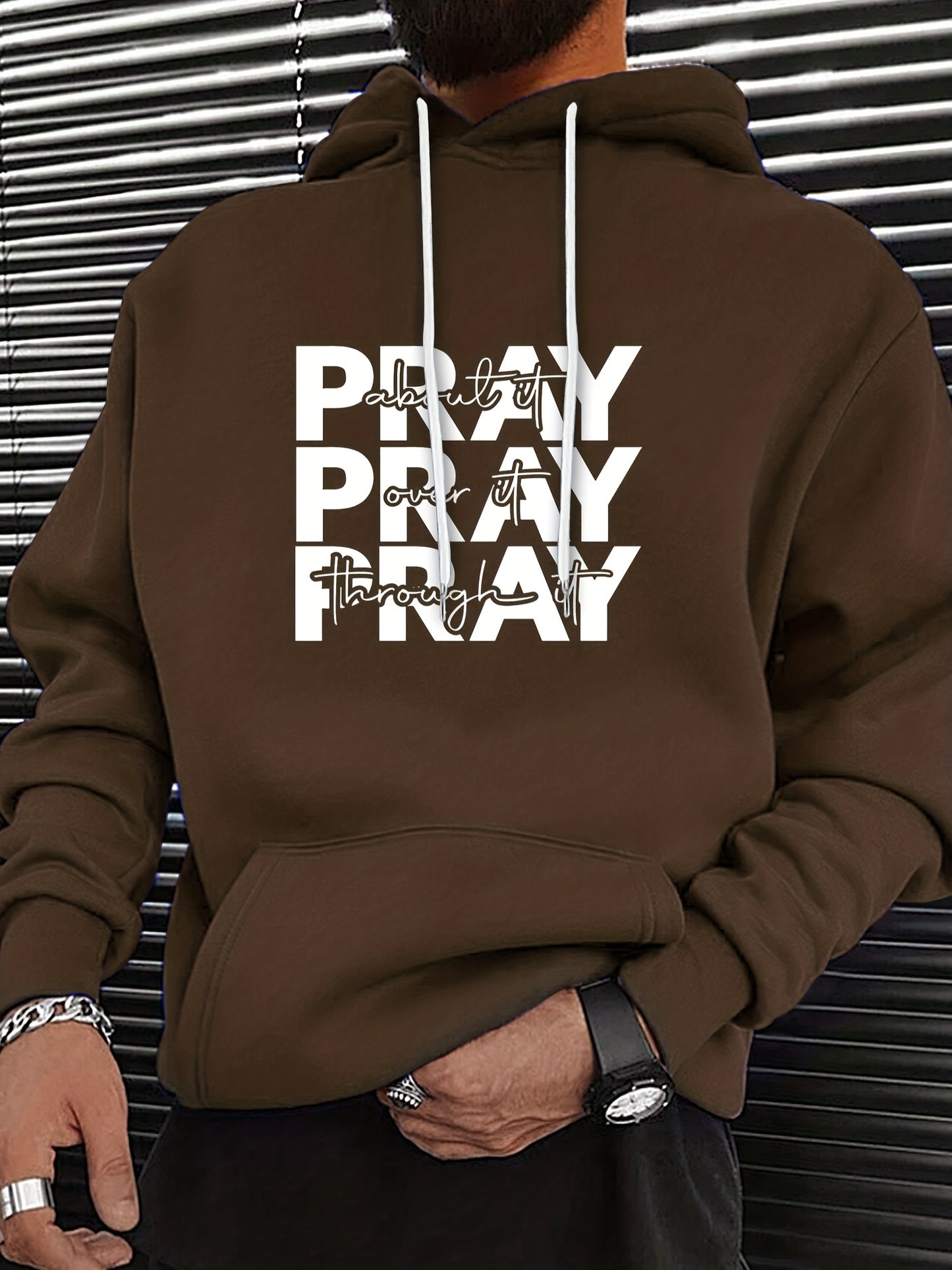 Mens Pray Graphic Hoodie Cozy Polyester Kangaroo Pocket