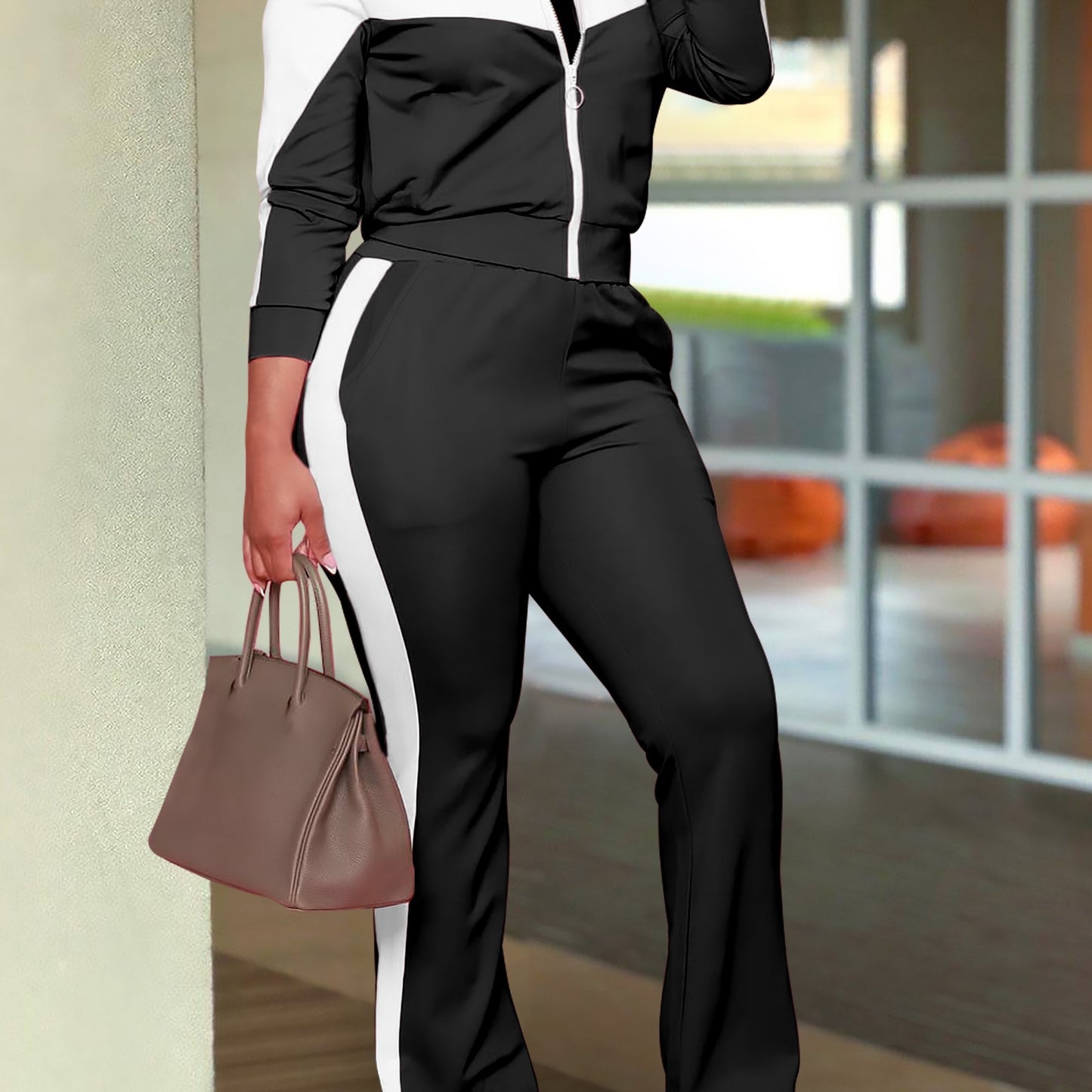 Women Fashion Sports Zip Up Jacket Casual Pants Set