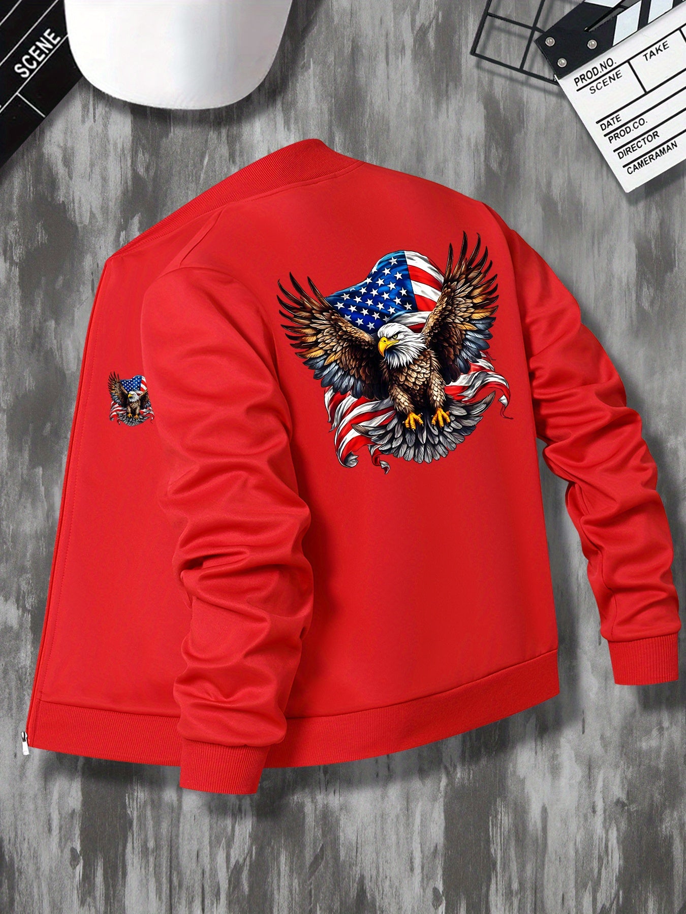 Casual Stand Collar Zippered Eagle Flag Emblem Print Jacket