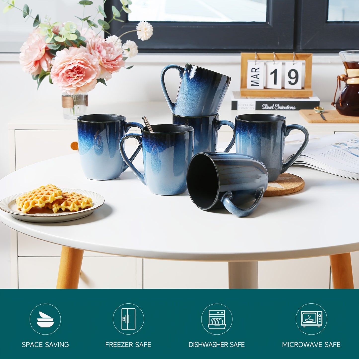 6pcs Set of Blue Ceramic Mugs 14oz, Durable, Stain Resistant, Elegant And Unique Ceramic Mugs