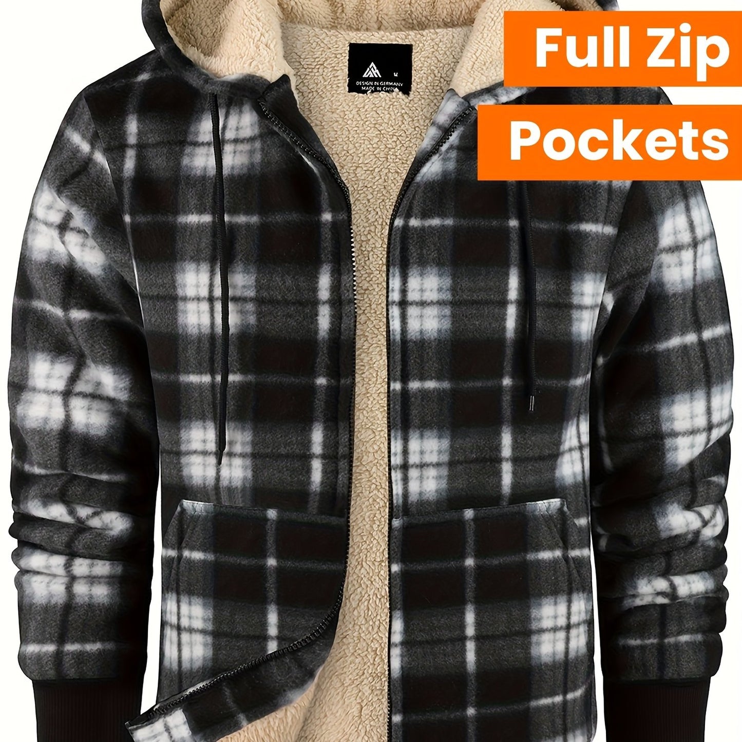 Divine Power Mens Plaid Fleece Hooded Jacket With Zipper