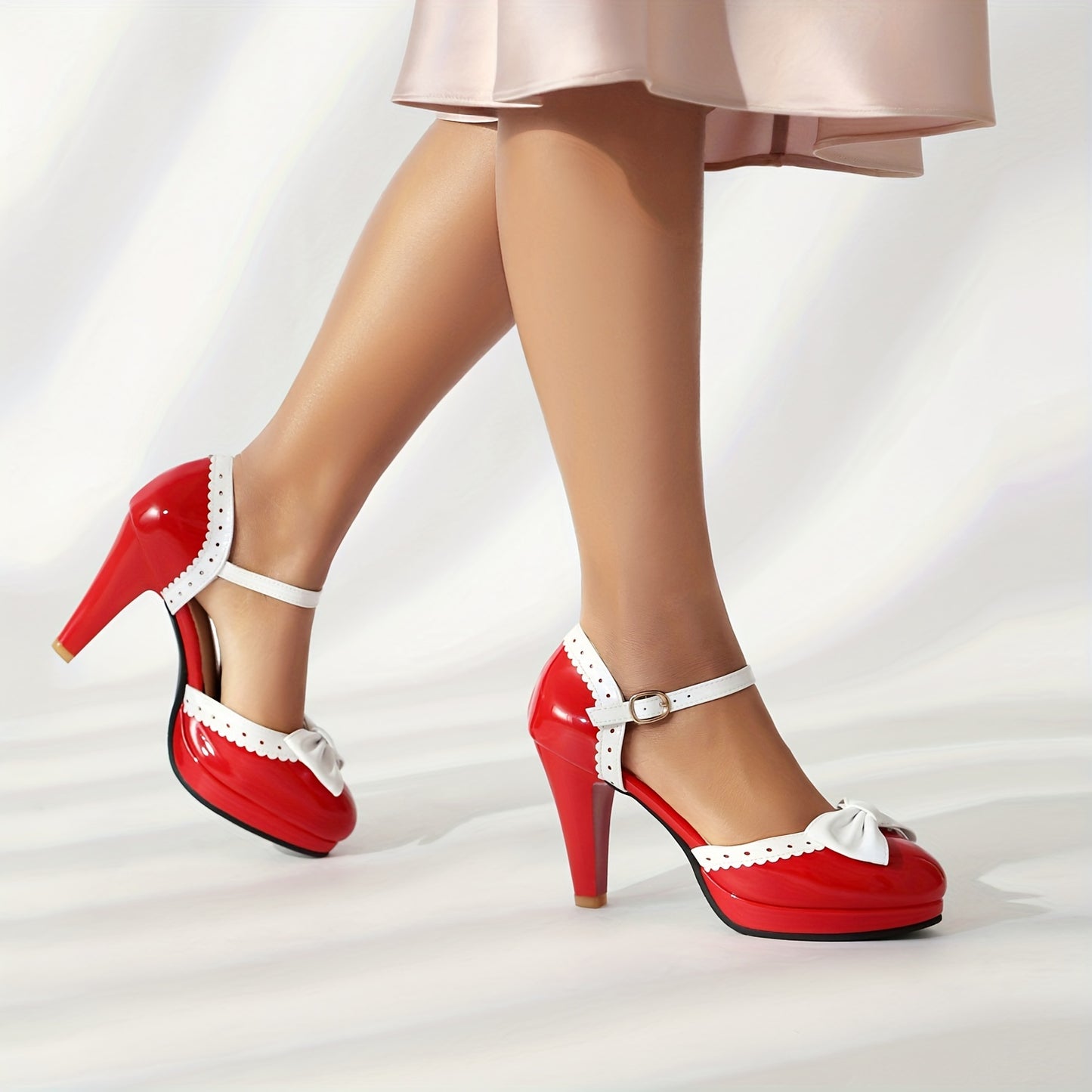 Red Mary Jane High Heels with Elegant White Bow