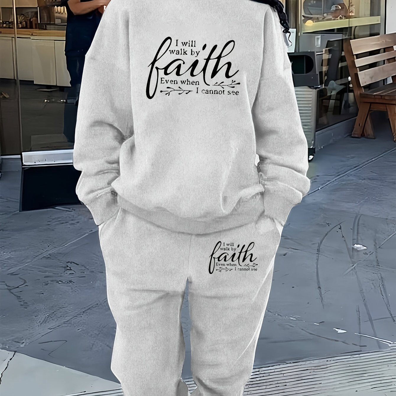 Womens Letter Print TwoPiece Set Crew Neck Sweatshirt Pants