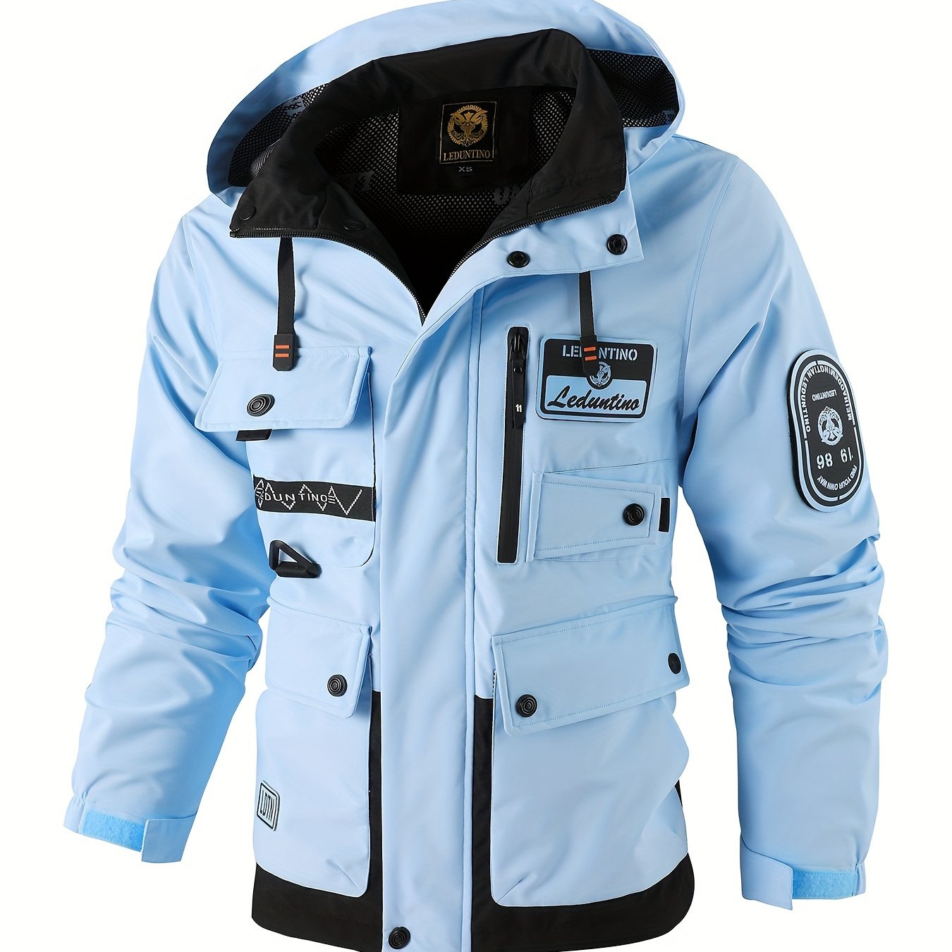 LEDUNTINO Mens Stand Collar Hooded Multi Pocket Jacket