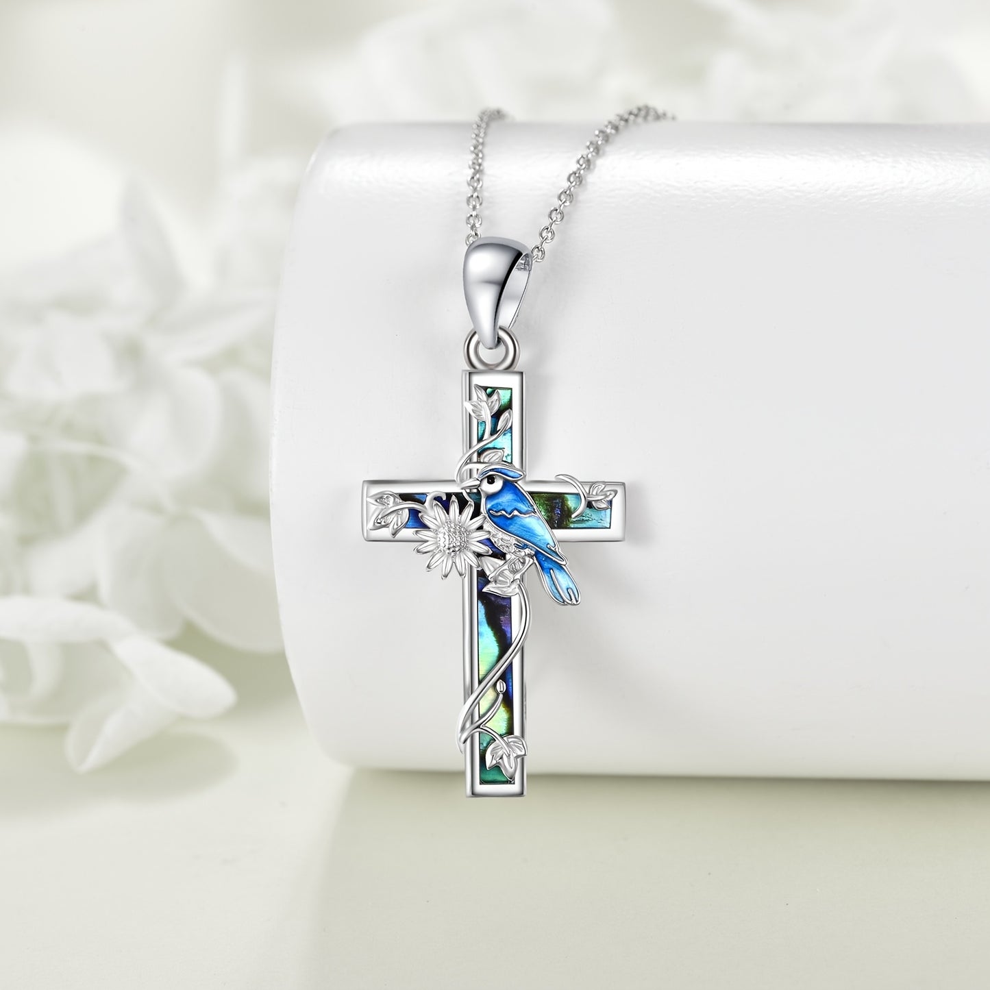 YFN Sunflower Cross Necklace Silver Abalone Pendant