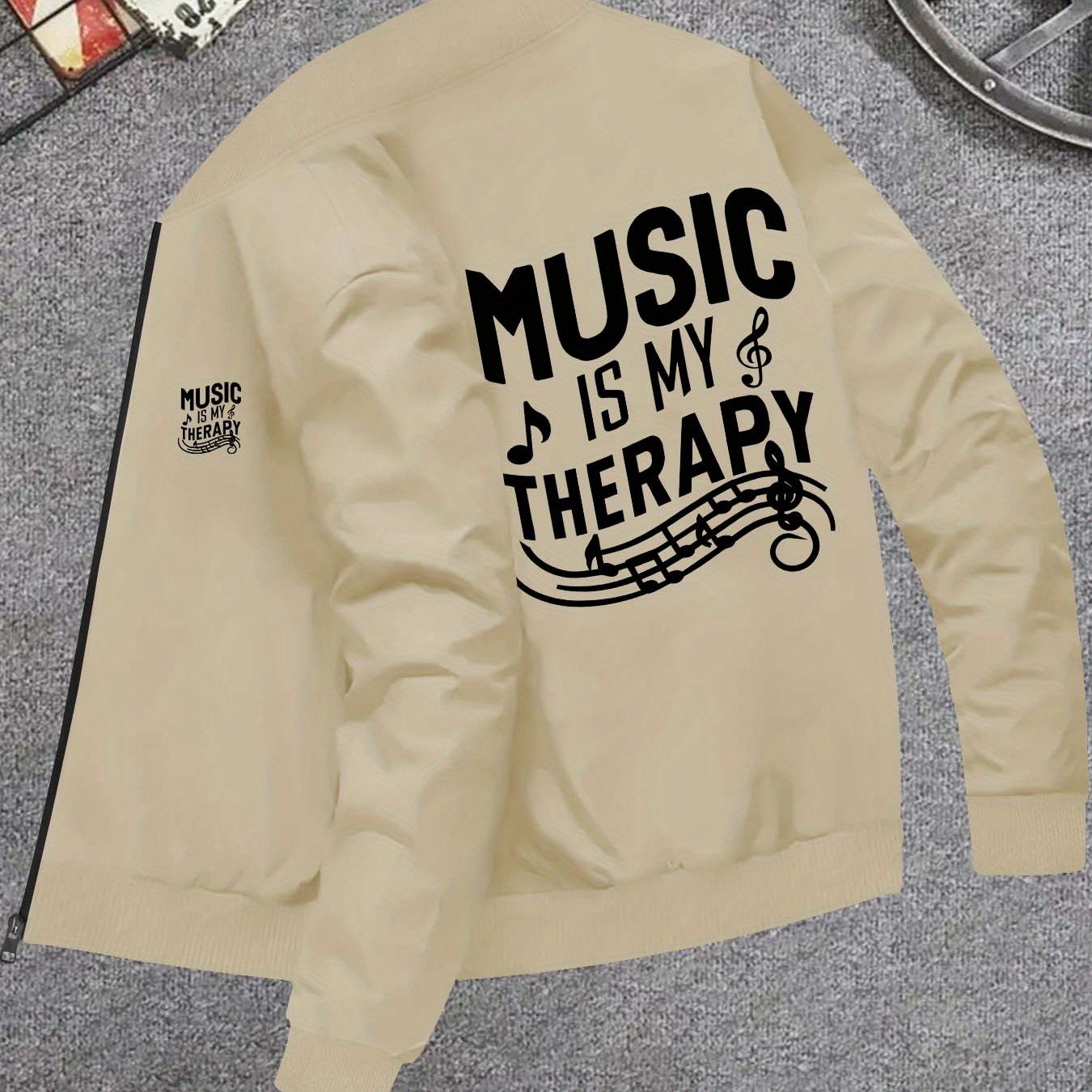 Mens Casual Music Print Zip Jacket Skinny Fit Outerwear