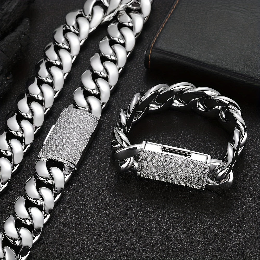 Men's Zirconium Necklace Bracelet Set Durable Stainless Steel