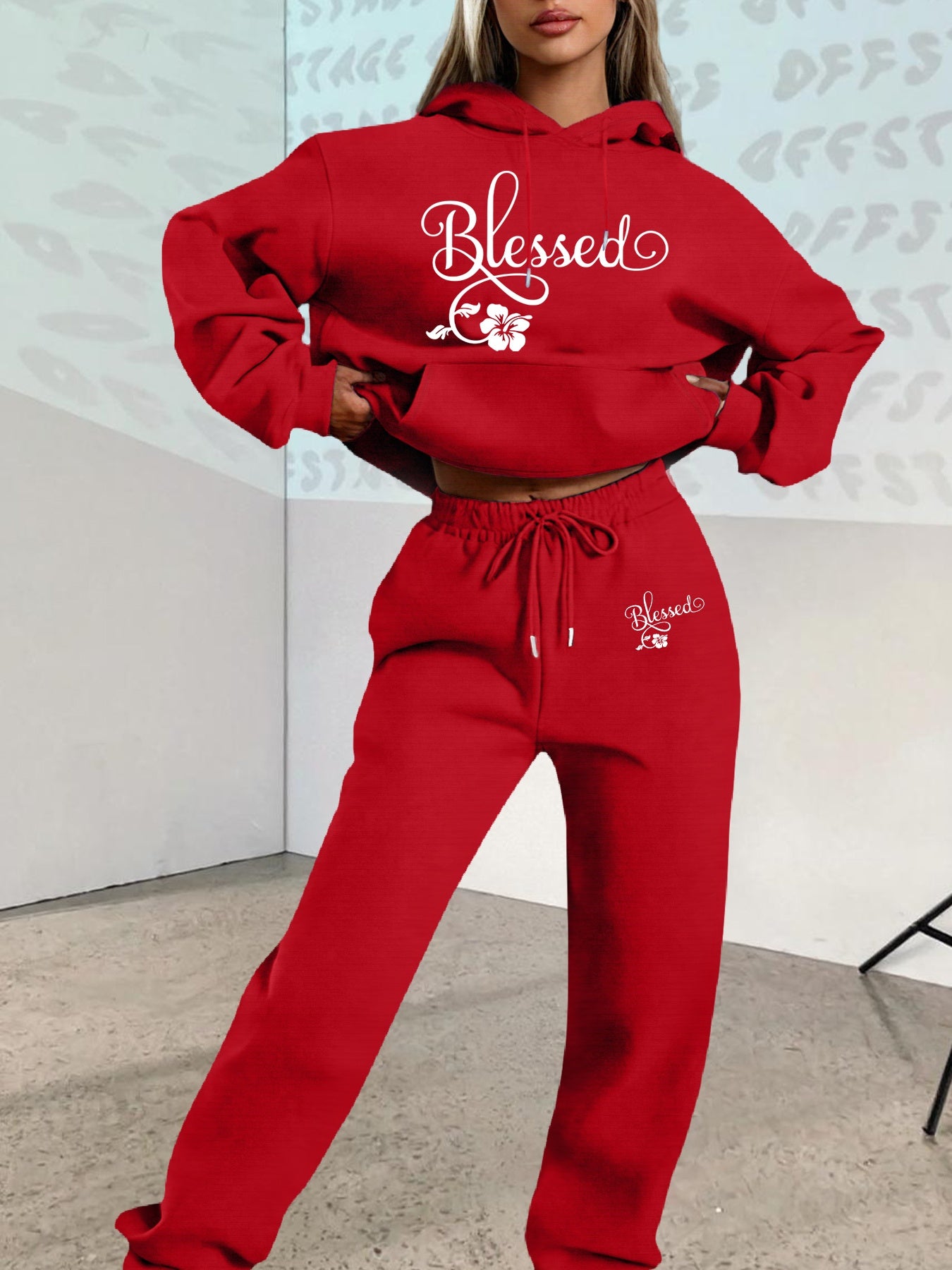 2025 Fall/Winter New Arrival, Creative Letter Graphic: Blessing Flower Sweatshirt Set with Casual Print Loose Warm Long-Sleeve Hooded Pullover and Elastic Drawstring Waist Pants Two-Piece Outfit