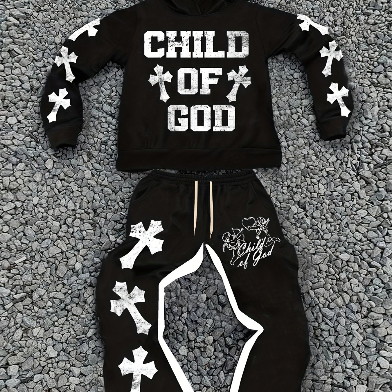 Divine Power Print Hoodie And Sweatpants Set Fall Winter