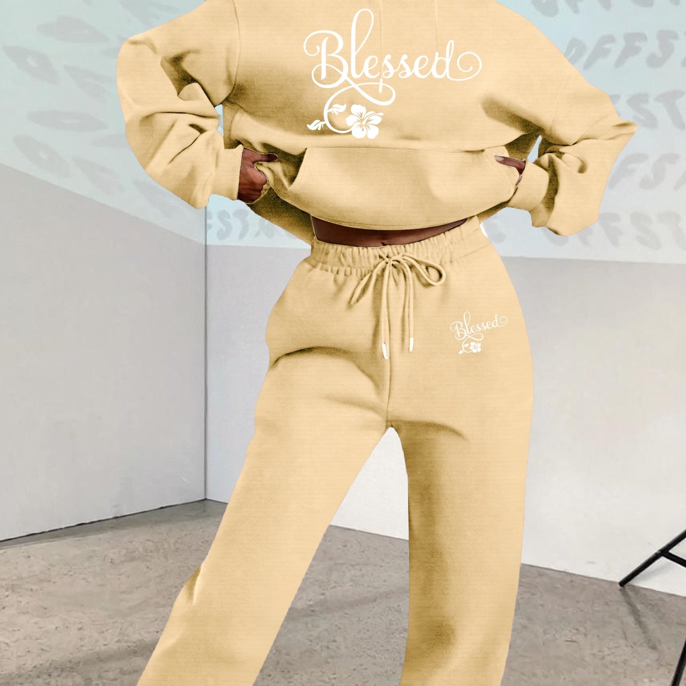 2025 Fall/Winter New Arrival, Creative Letter Graphic: Blessing Flower Sweatshirt Set with Casual Print Loose Warm Long-Sleeve Hooded Pullover and Elastic Drawstring Waist Pants Two-Piece Outfit