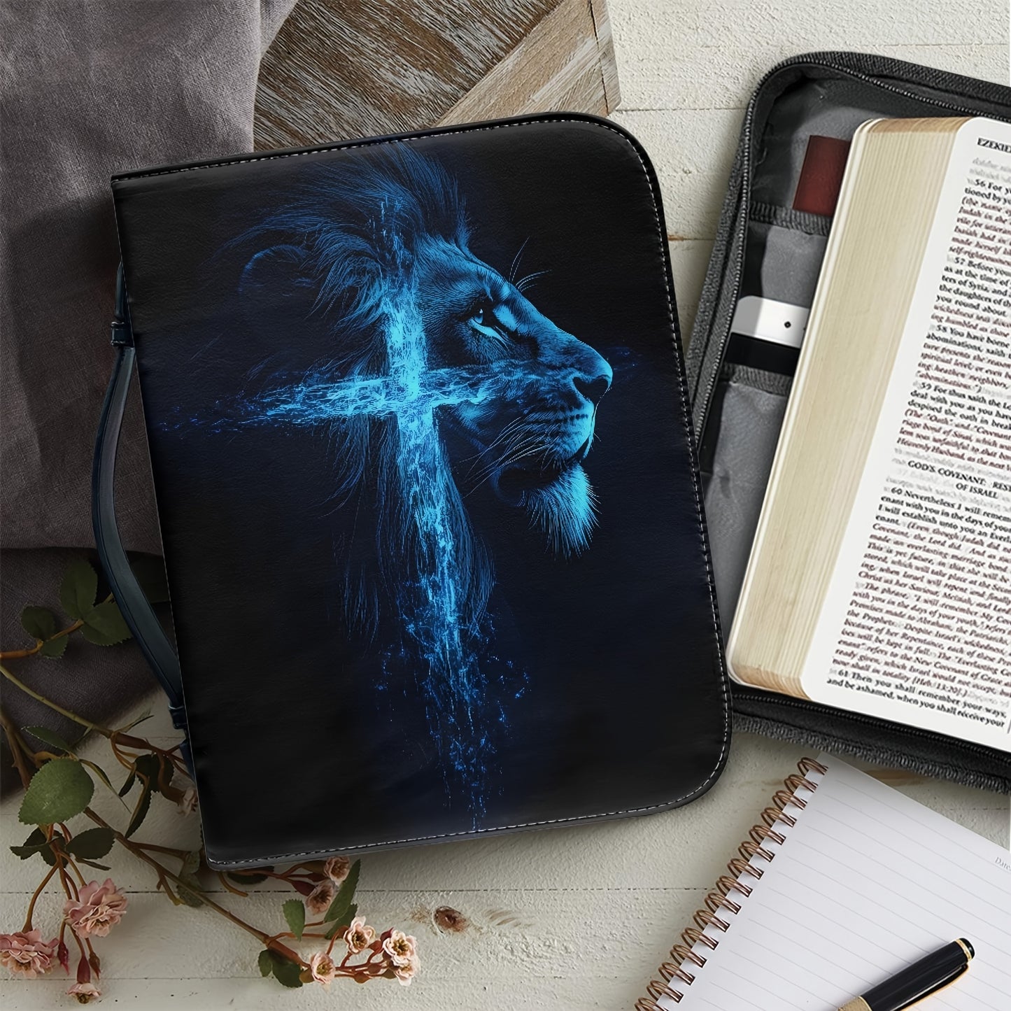 Mens PU Leather Bible Cover Lion Cross Design Everyday