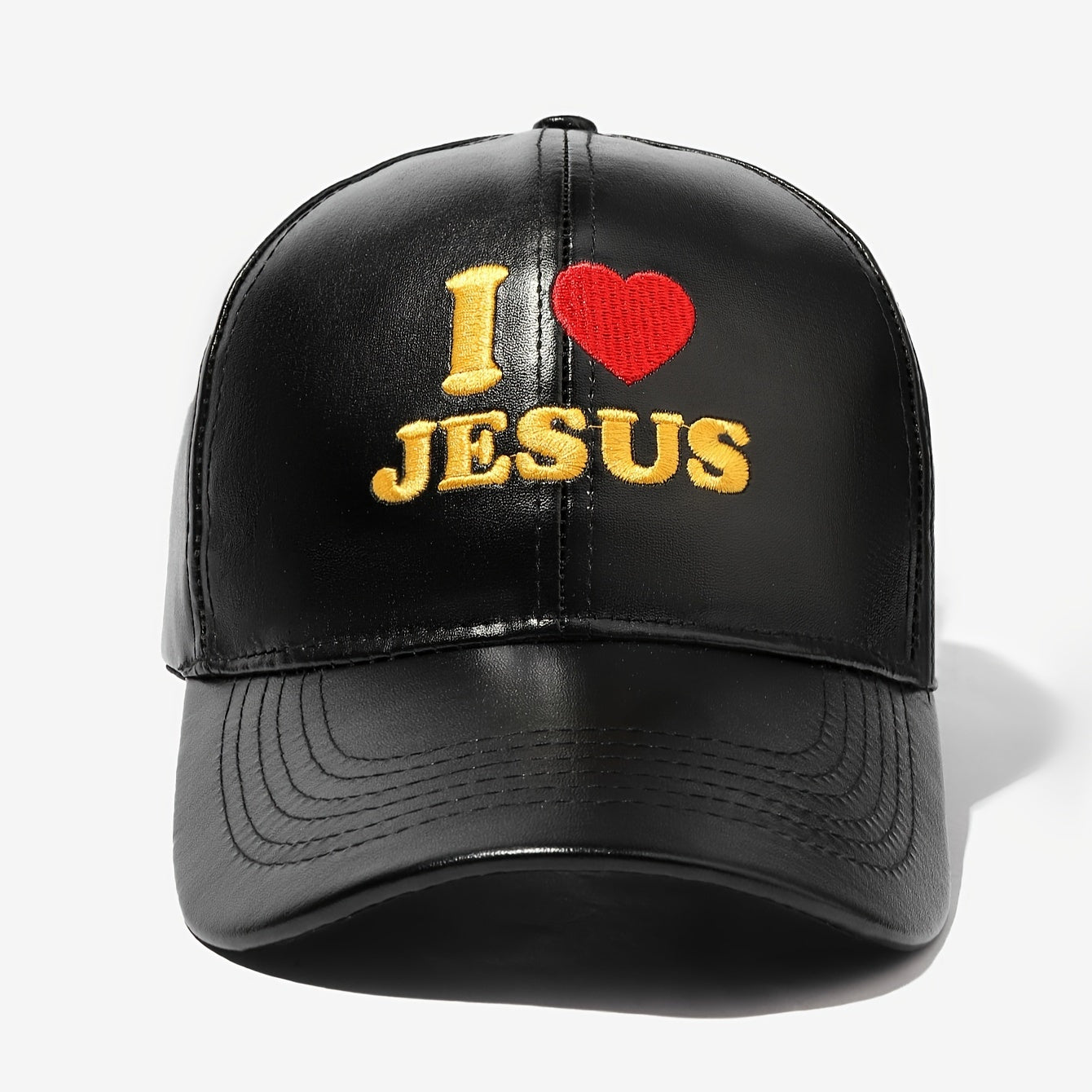 Faux Leather Baseball Cap with "I Love Jesus" Embroidery - Adjustable Snapback