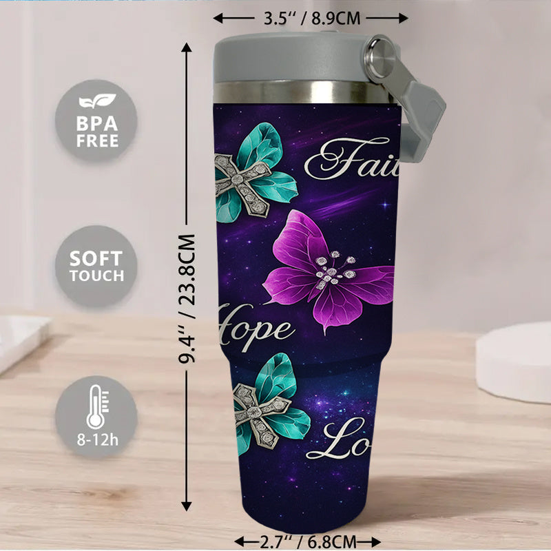 30oz Stainless Steel Tumbler with Straw & Handle, Purple Glitter, I Peter 1:3
