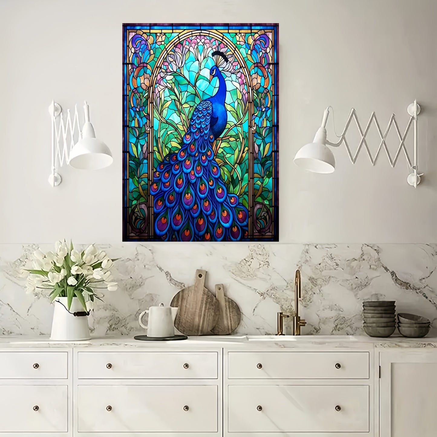 1pc Peacock Stained Glass Style Wrapped Canvas Artwork
