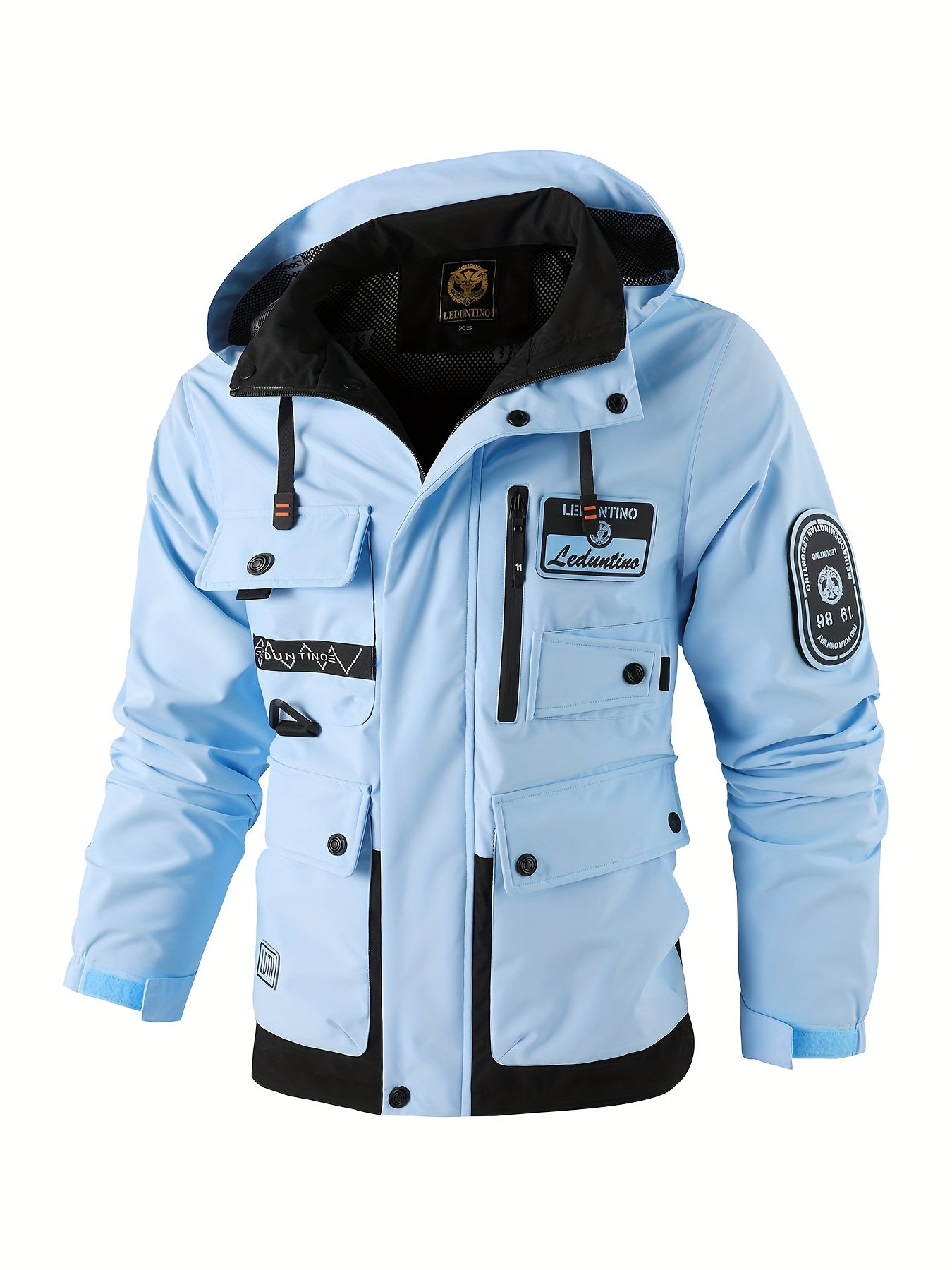 LEDUNTINO Mens Stand Collar Hooded Multi Pocket Jacket