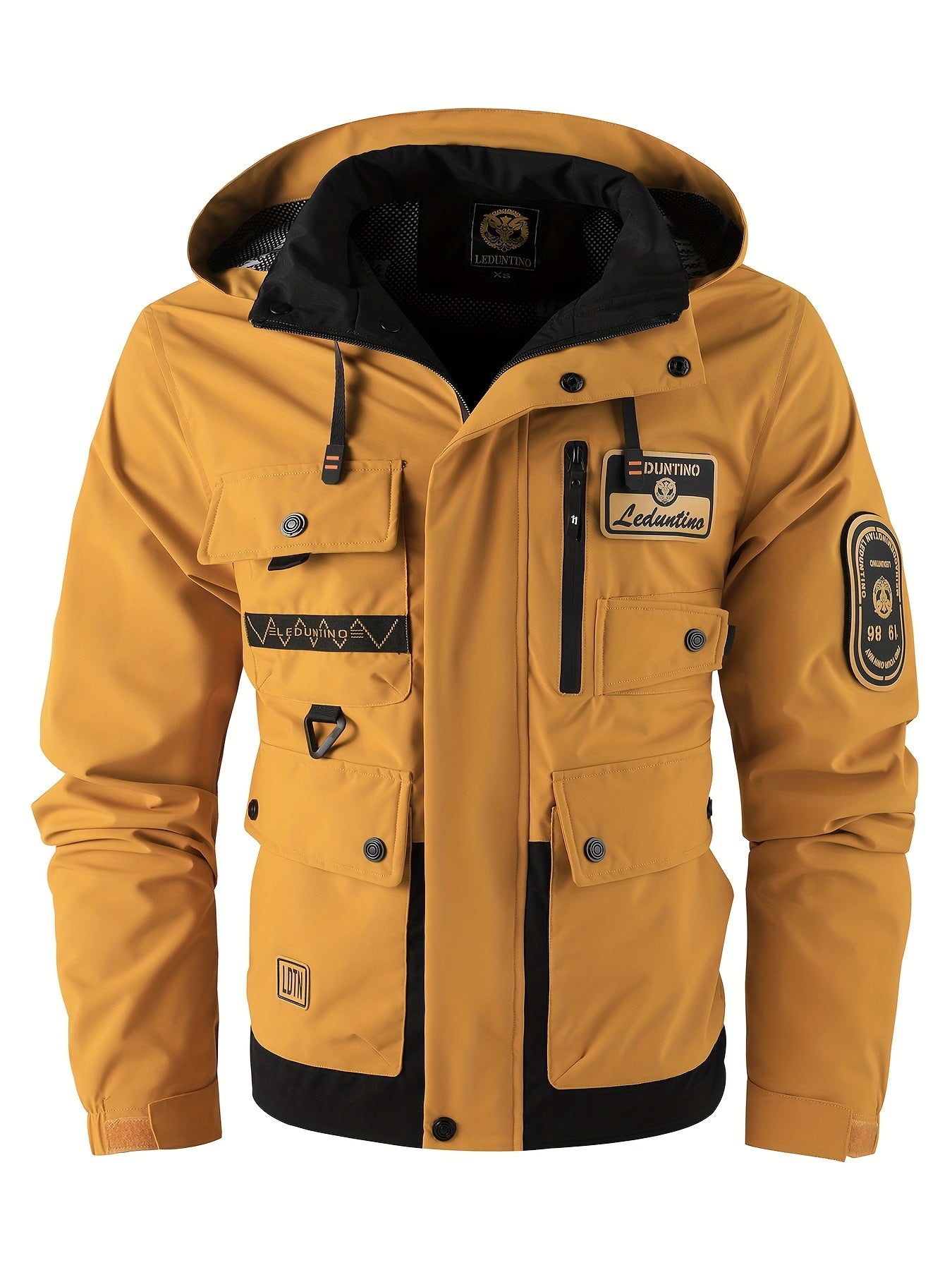 LEDUNTINO Mens Stand Collar Hooded Multi Pocket Jacket