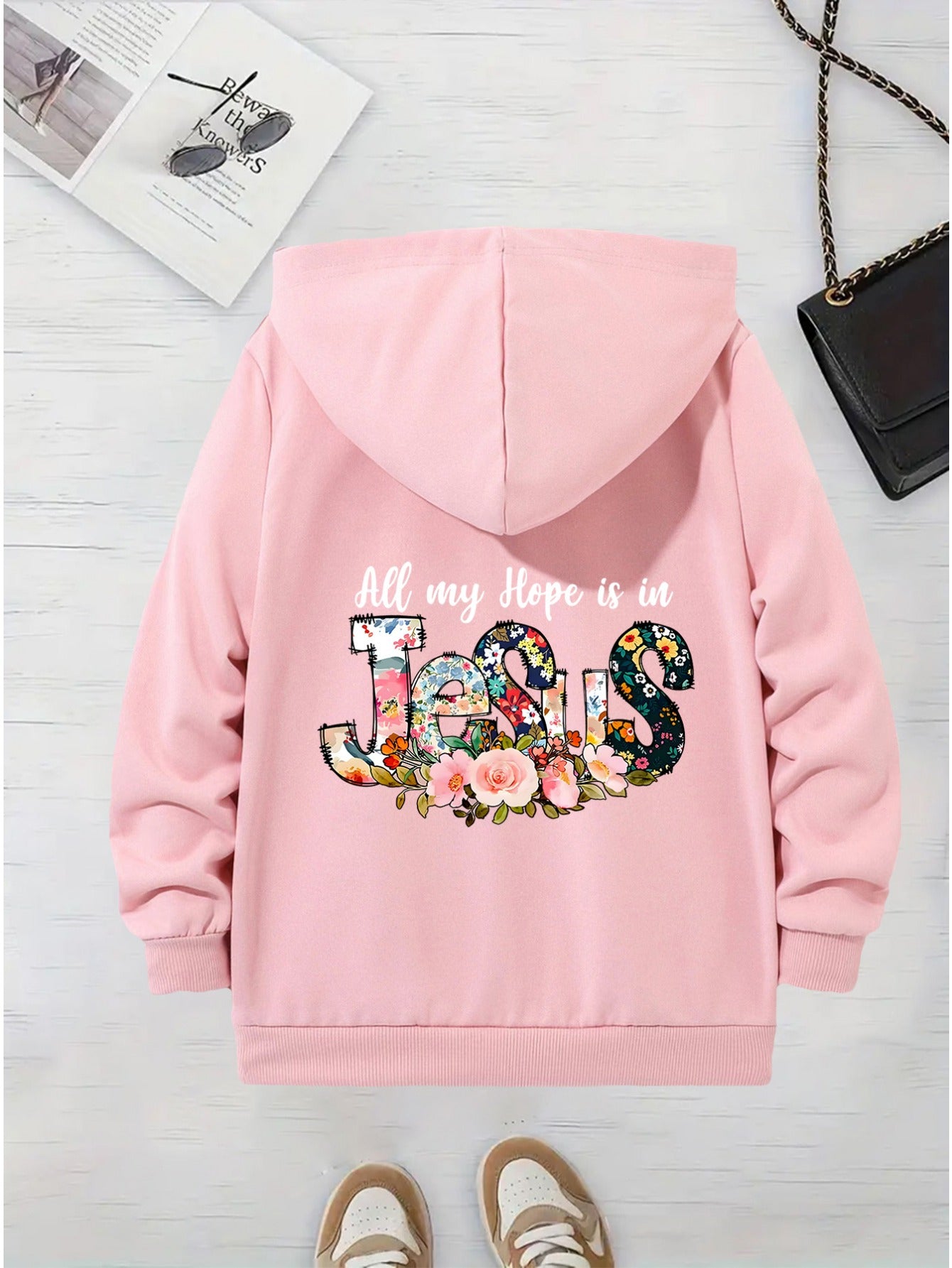 Long Sleeve Hooded Zip Up Sweatshirt With Jesus Print