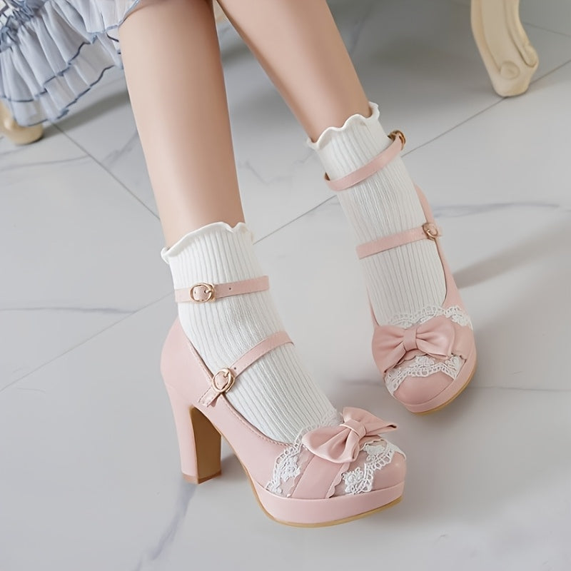 Pink Elegant Women's Mary Jane Pumps Kawaii-Style High Heel Block Heel