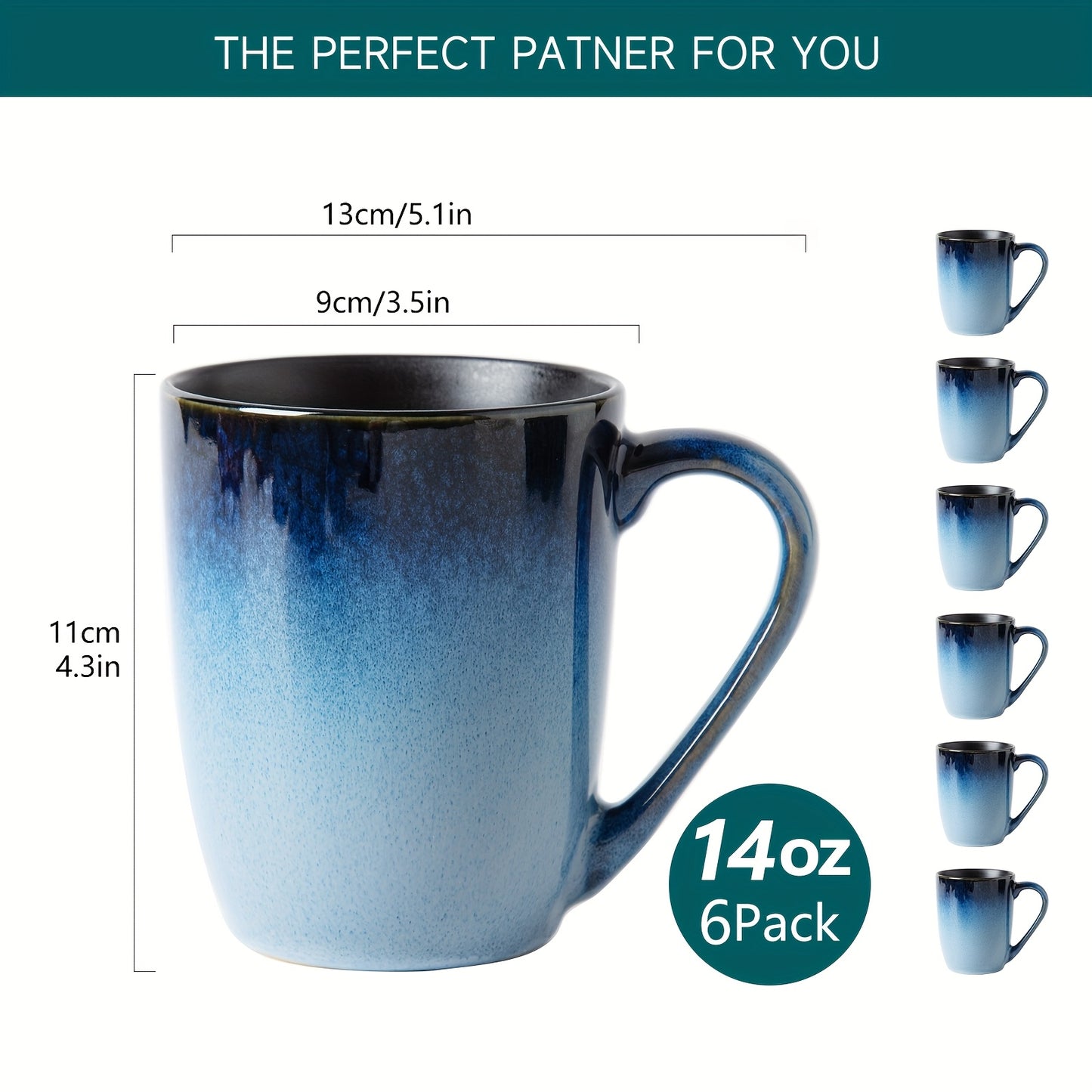 6pcs Set of Blue Ceramic Mugs 14oz, Durable, Stain Resistant, Elegant And Unique Ceramic Mugs