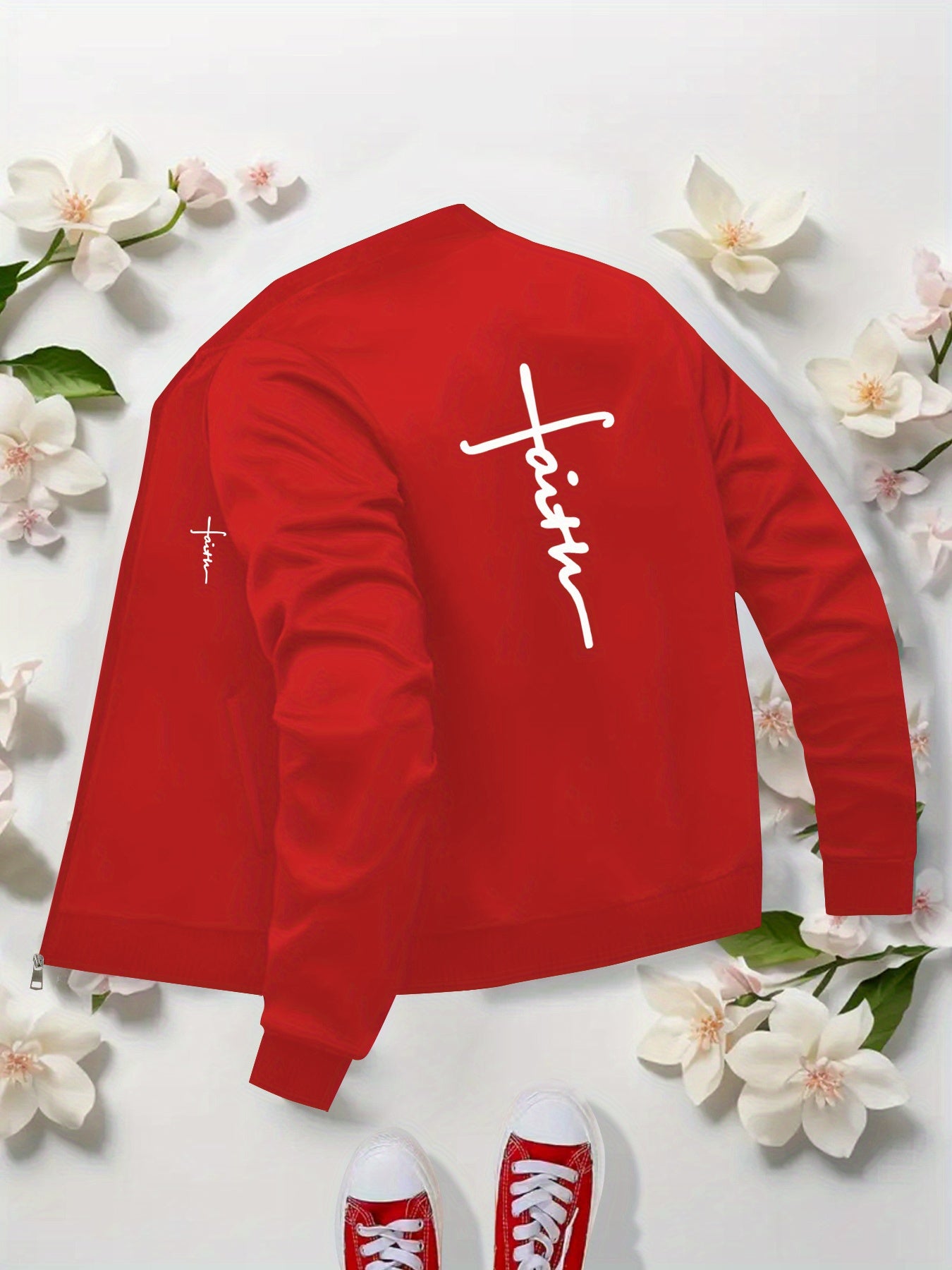 Trendy Women Bomber Jacket Faith Print Geometric Zipup