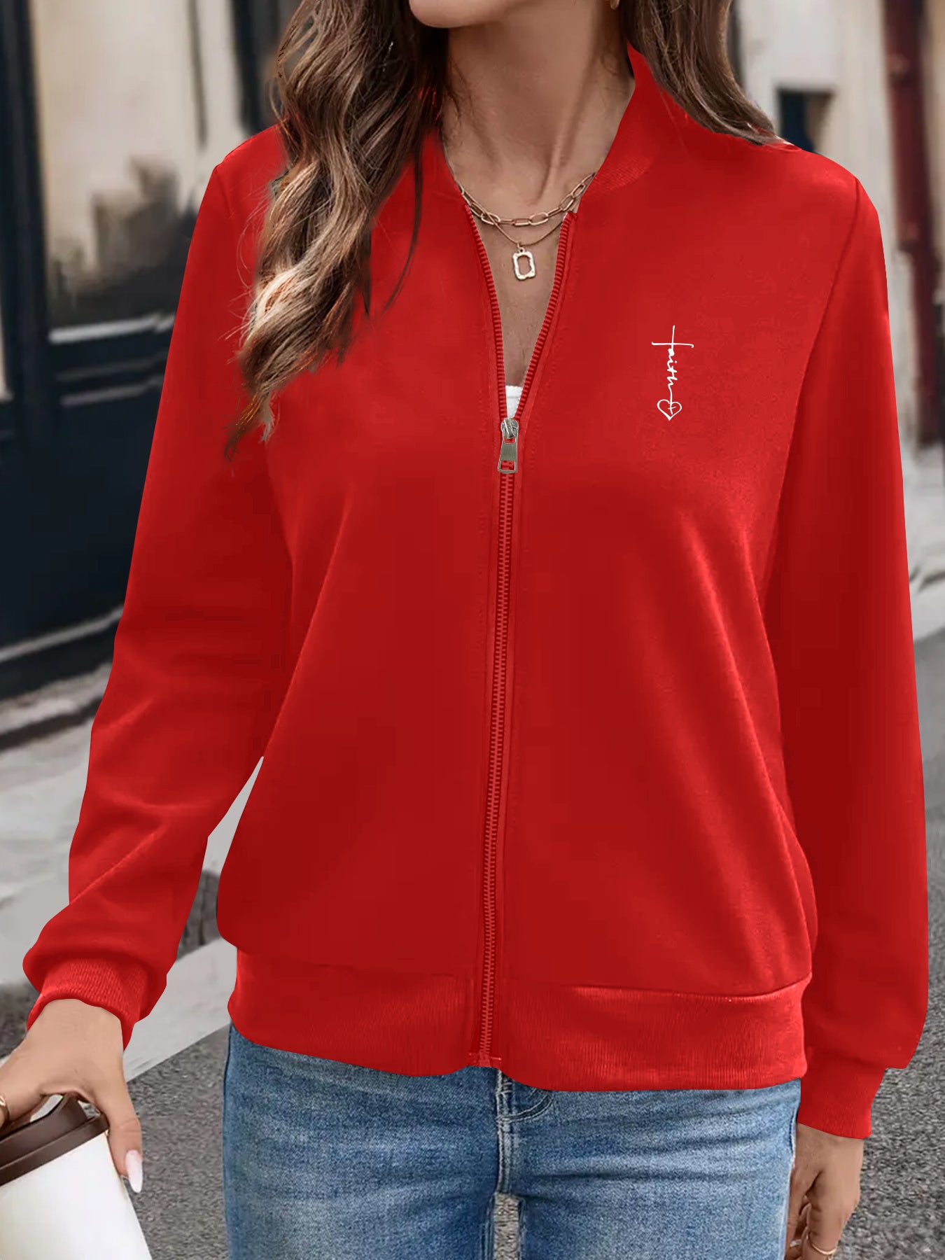 IHDP Faith Heart Print Casual Jacket Stand Collar ZipUp