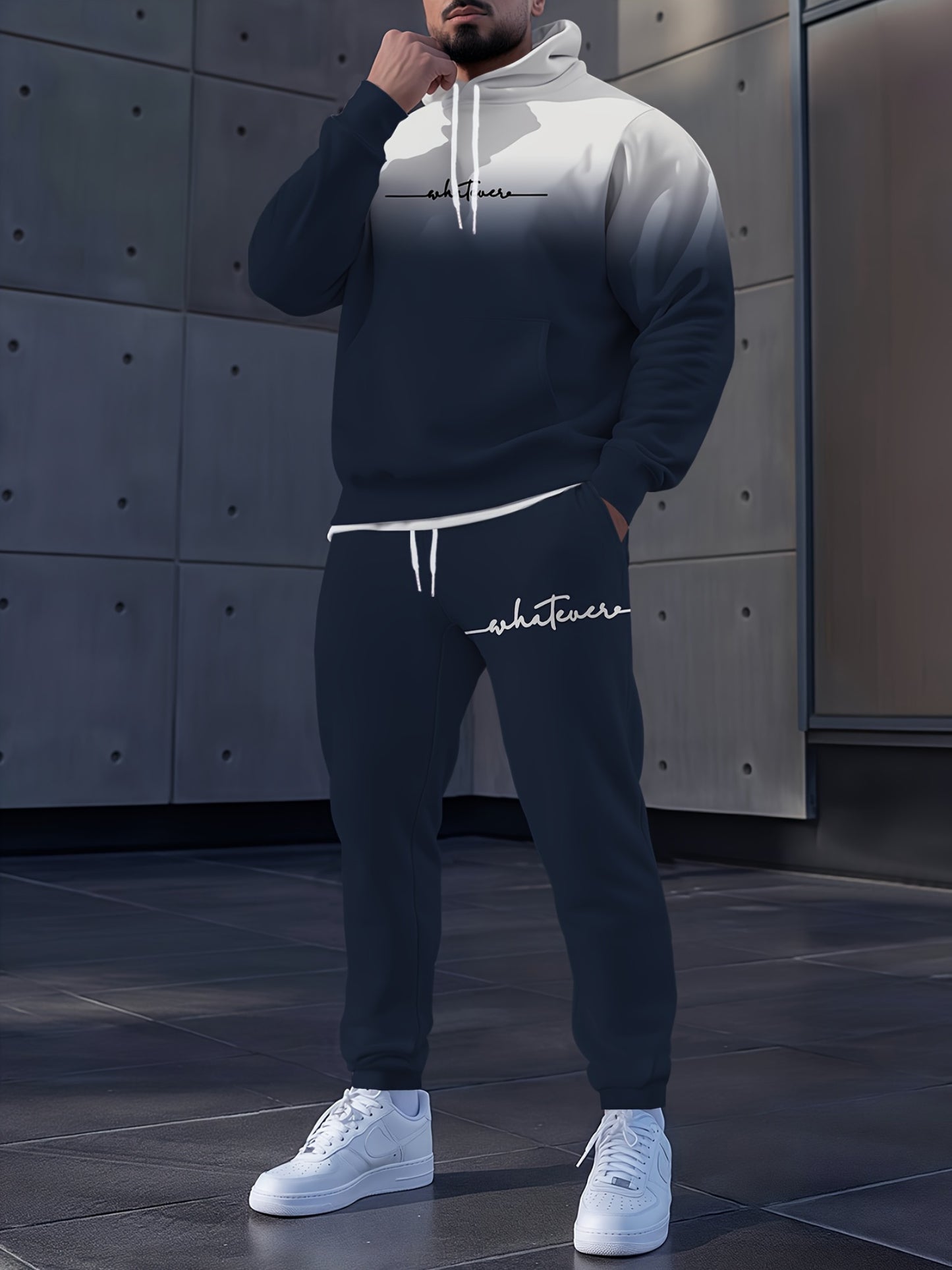 Gray Gradient Full-Body Print Hoodie & Sweatpants Set - Casual Long Sleeve Pullover
