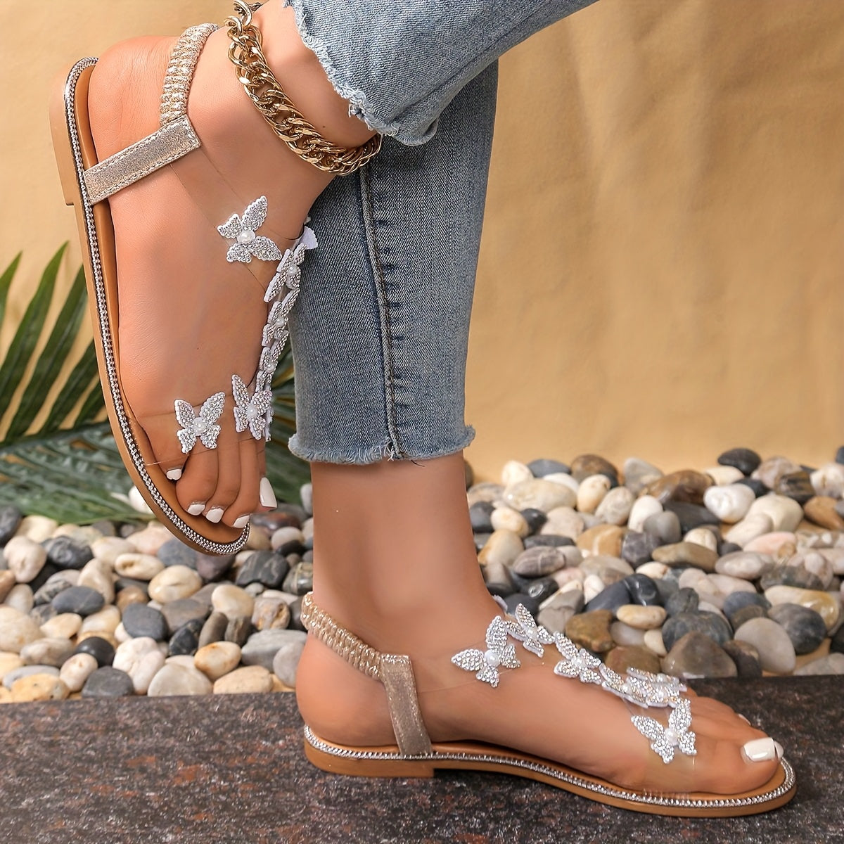 Women’s Elegant Rhinestone Butterfly Flat Sandals Beige Tan