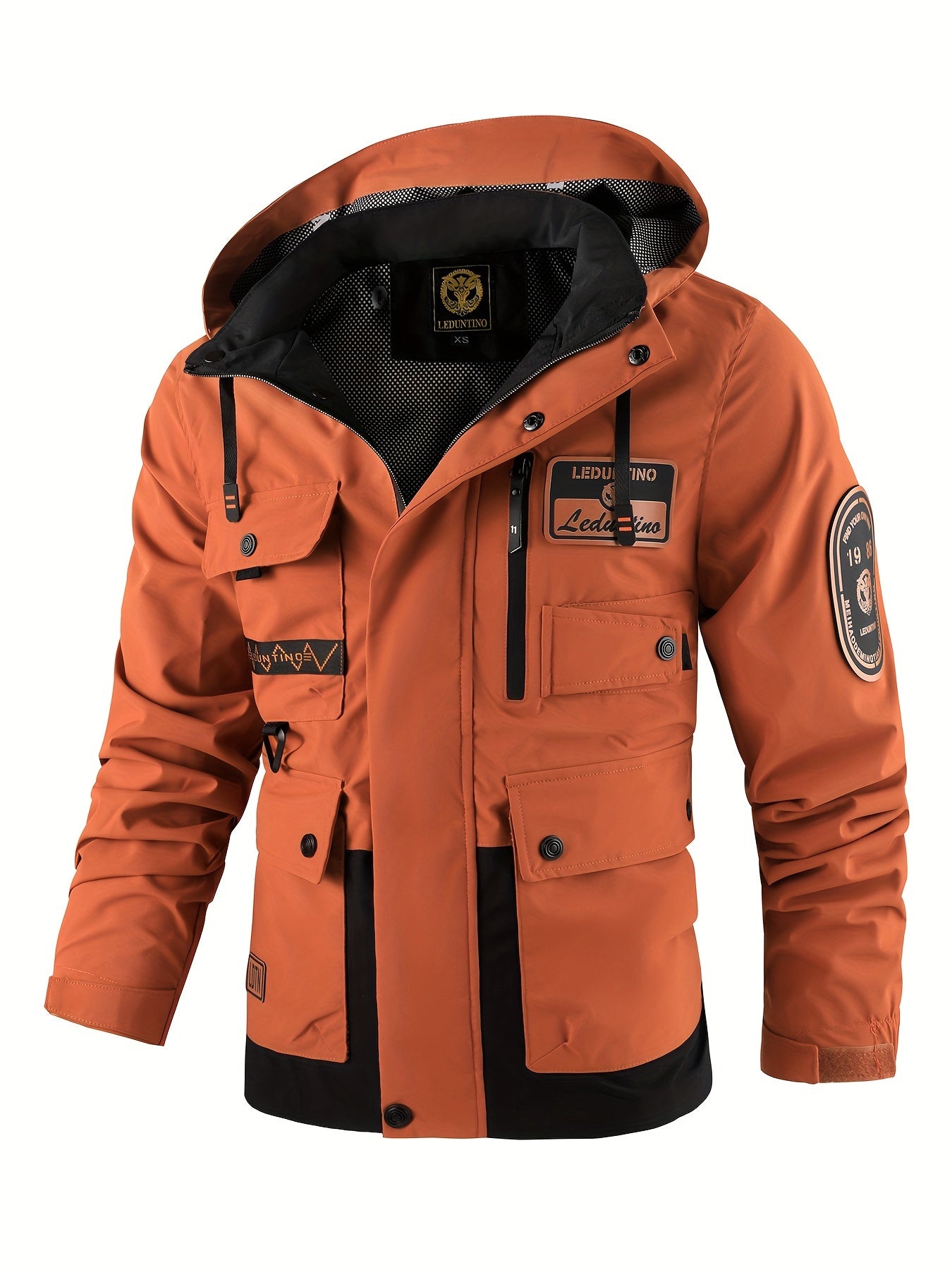 LEDUNTINO Mens Stand Collar Hooded Multi Pocket Jacket