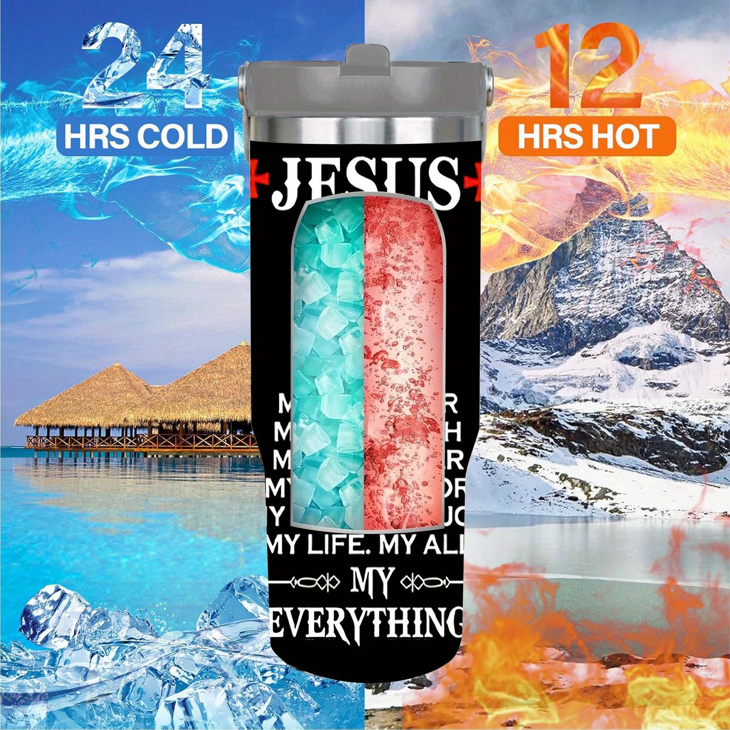 30oz Jesus Lion Cross Tumbler, Insulated Travel Mug with Spill-Proof Lid
