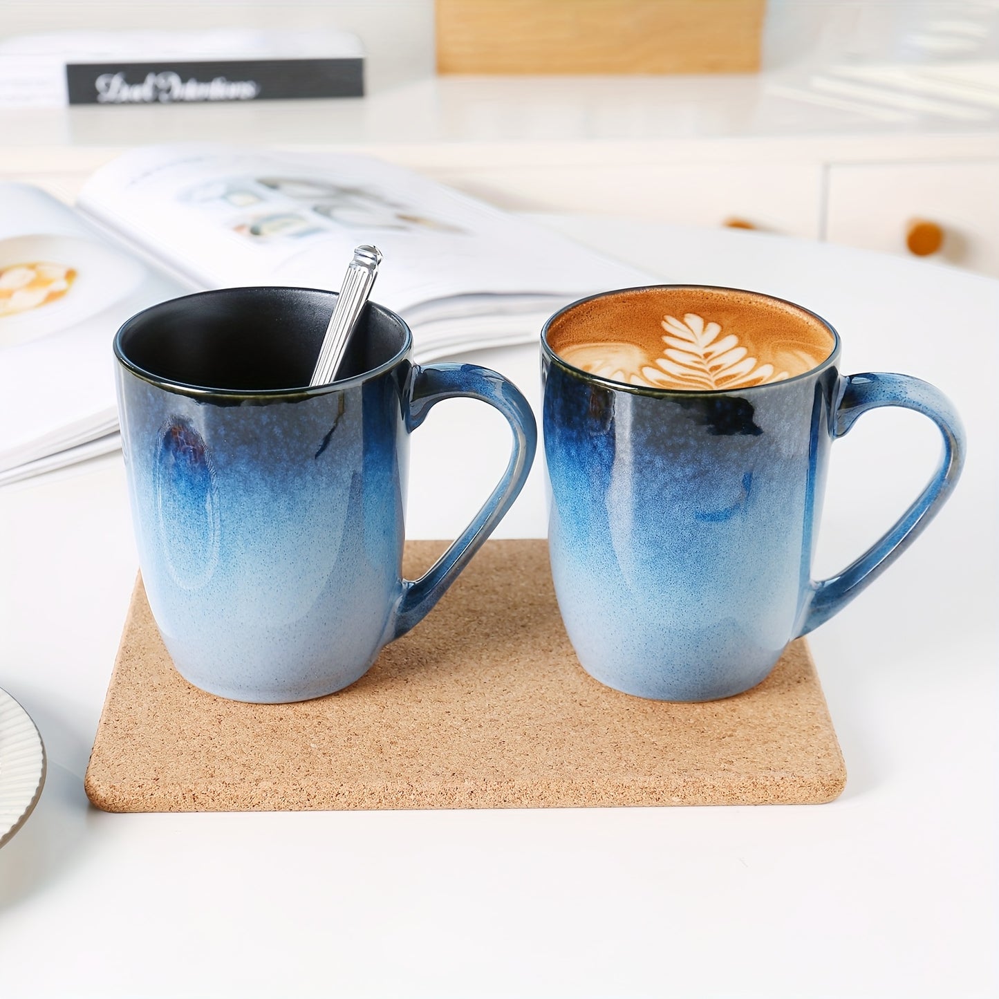 6pcs Set of Blue Ceramic Mugs 14oz, Durable, Stain Resistant, Elegant And Unique Ceramic Mugs