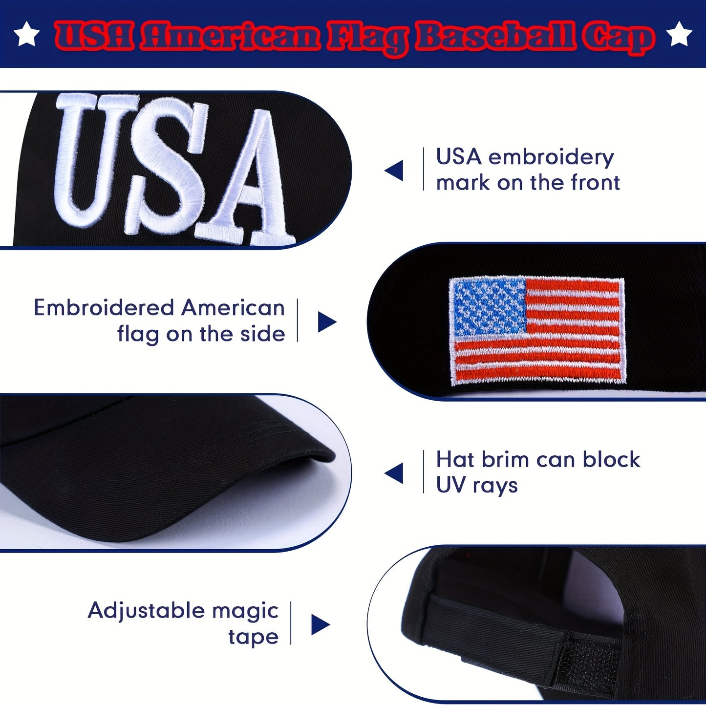 4pcs Patriotic USA Baseball Hats - Adjustable Cotton with Embroidered American Flag