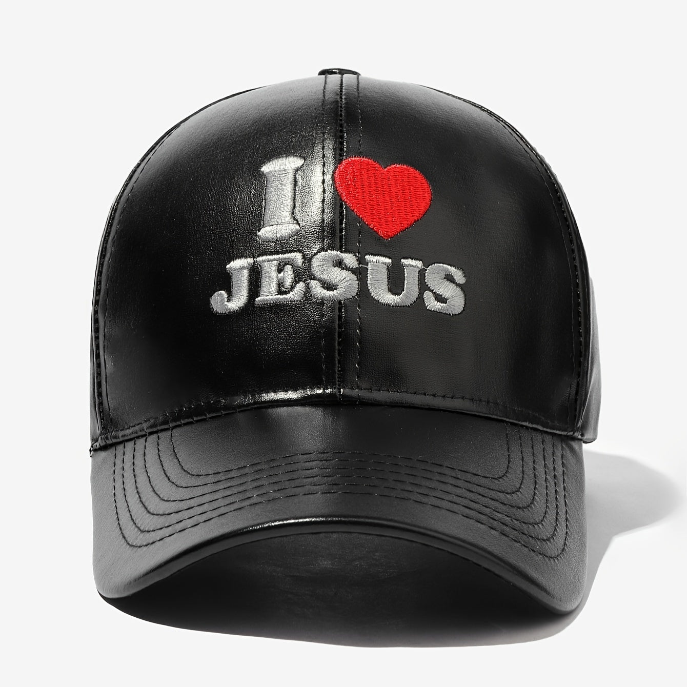 Faux Leather Baseball Cap with "I Love Jesus" Embroidery - Adjustable Snapback
