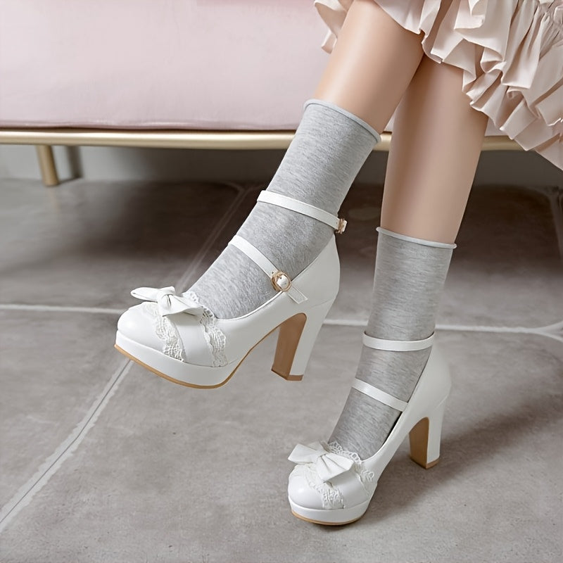 Pink Elegant Women's Mary Jane Pumps Kawaii-Style High Heel Block Heel