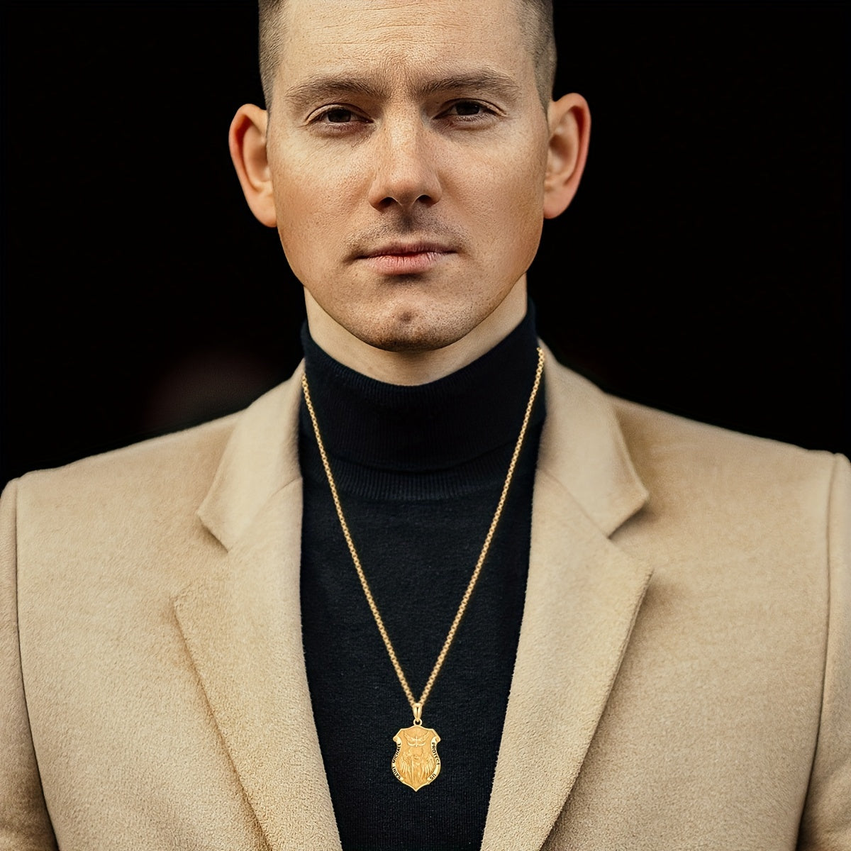 In His Divine Power Golden Plated Shield Necklace Pendant