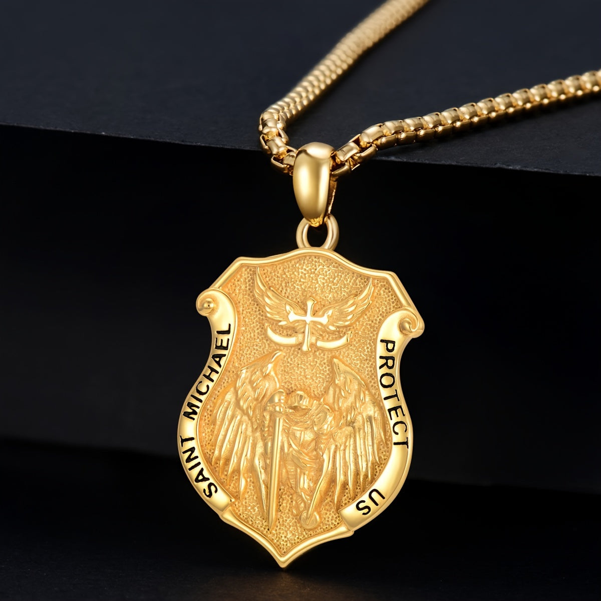 In His Divine Power Golden Plated Shield Necklace Pendant