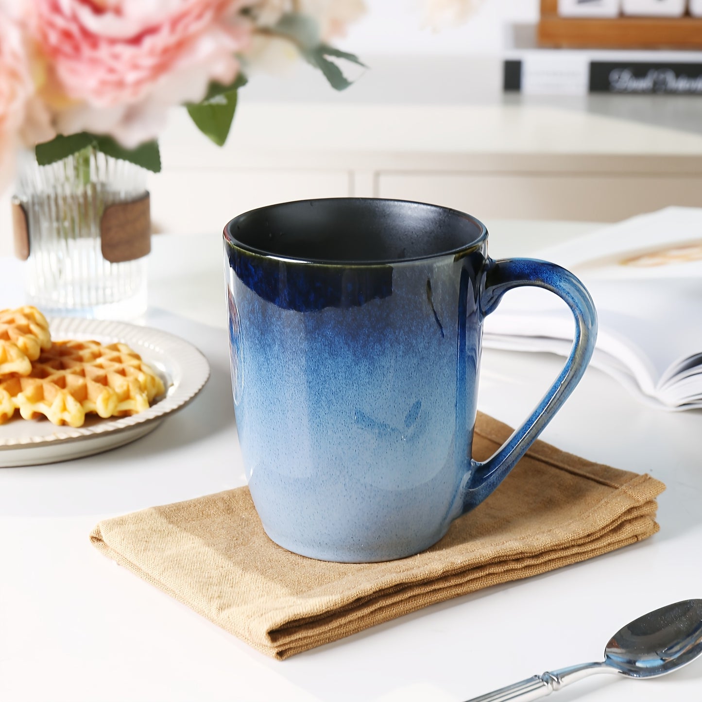 6pcs Set of Blue Ceramic Mugs 14oz, Durable, Stain Resistant, Elegant And Unique Ceramic Mugs
