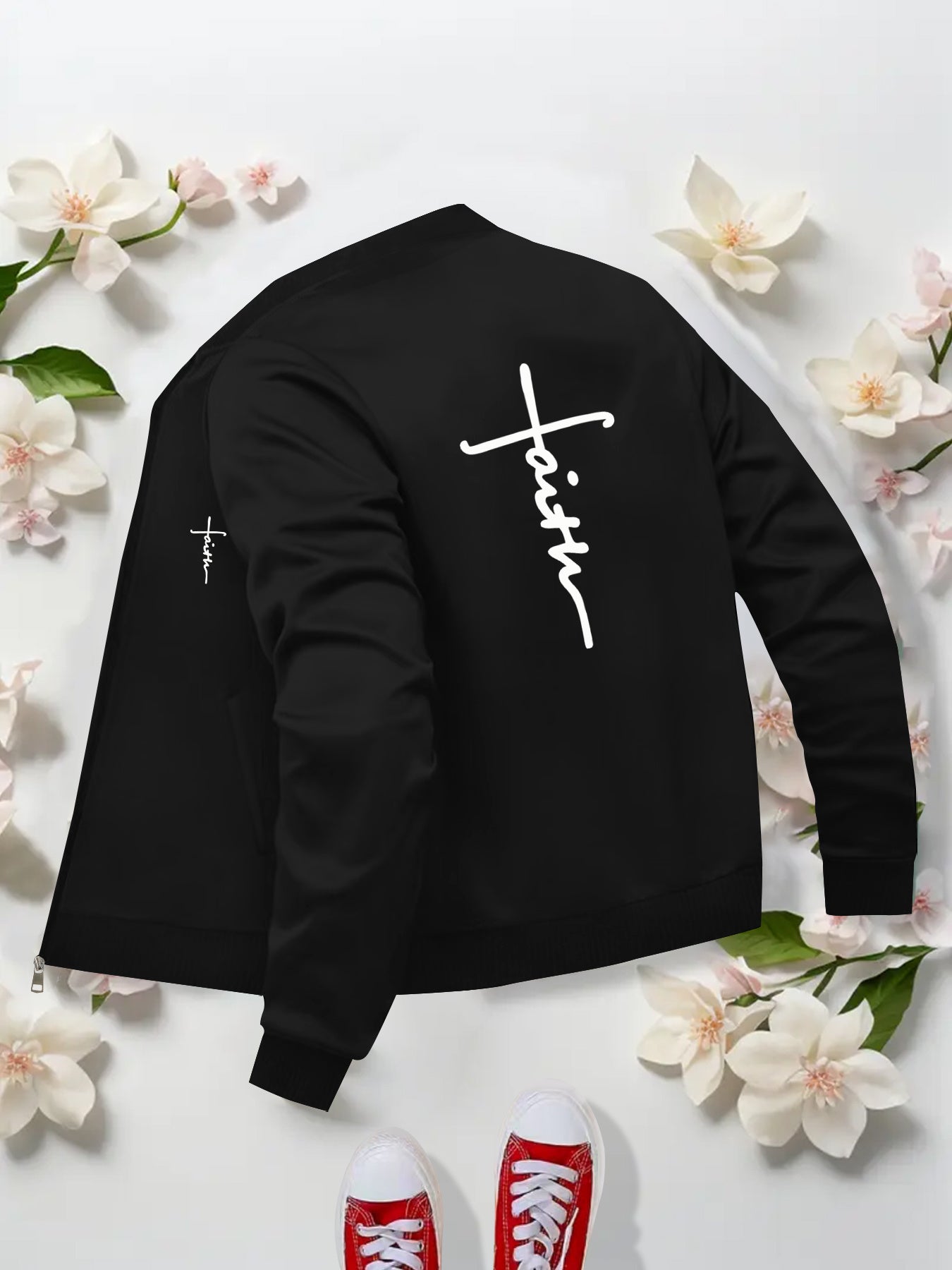Trendy Women Bomber Jacket Faith Print Geometric Zipup